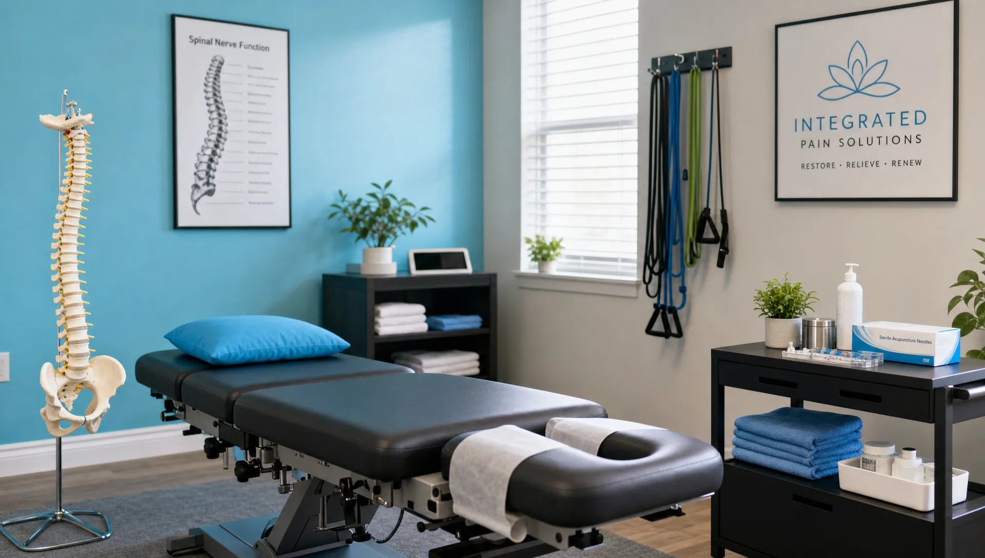 A calm treatment room with an exam table, anatomical spine model, resistance bands, and acupuncture supplies arranged neatly to represent integrated chiropractic pain management.