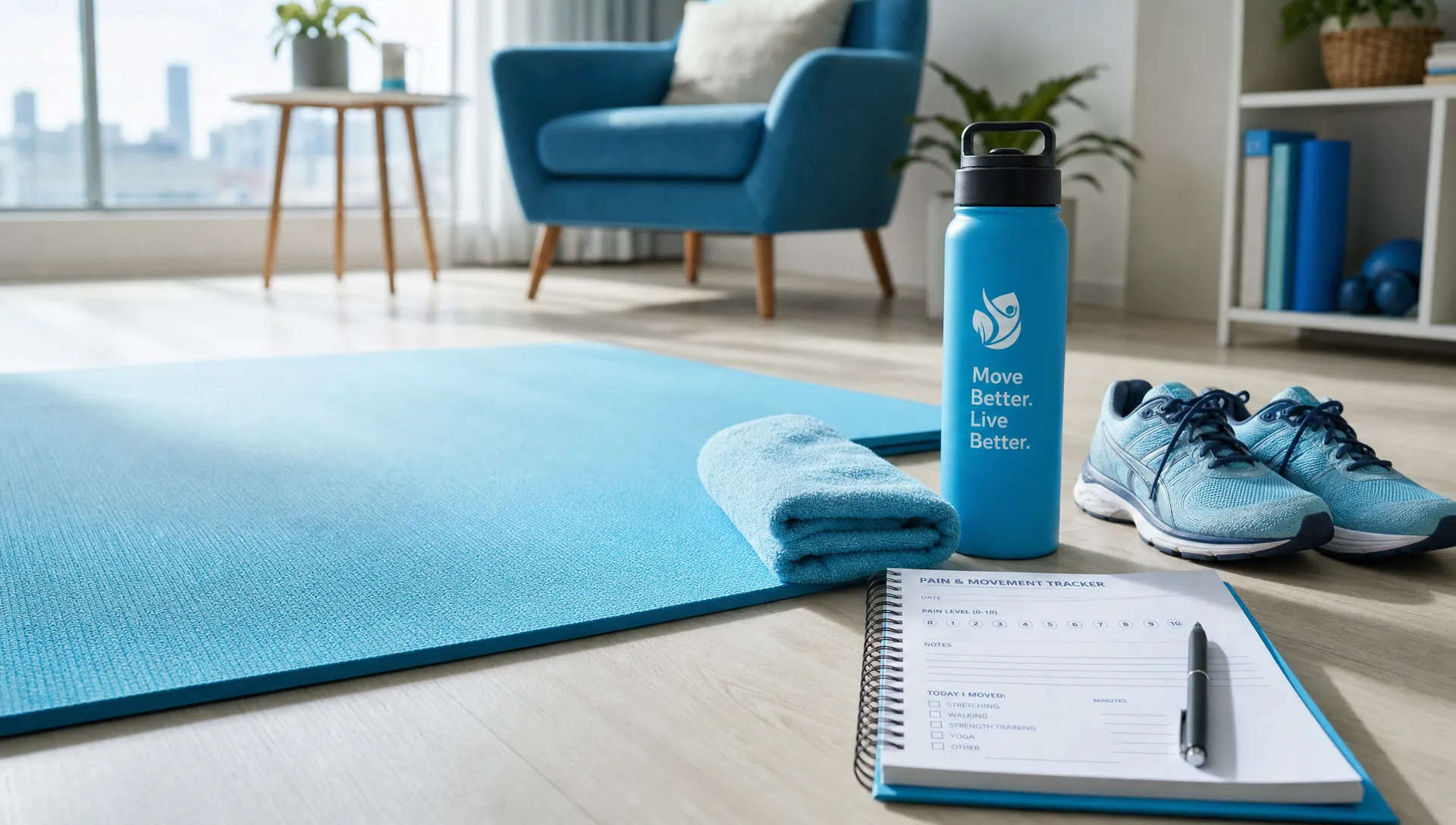 A calm wellness scene with a yoga mat, walking shoes, a water bottle, a small towel, and a notebook for tracking pain and movement habits arranged on a bright apartment floor.