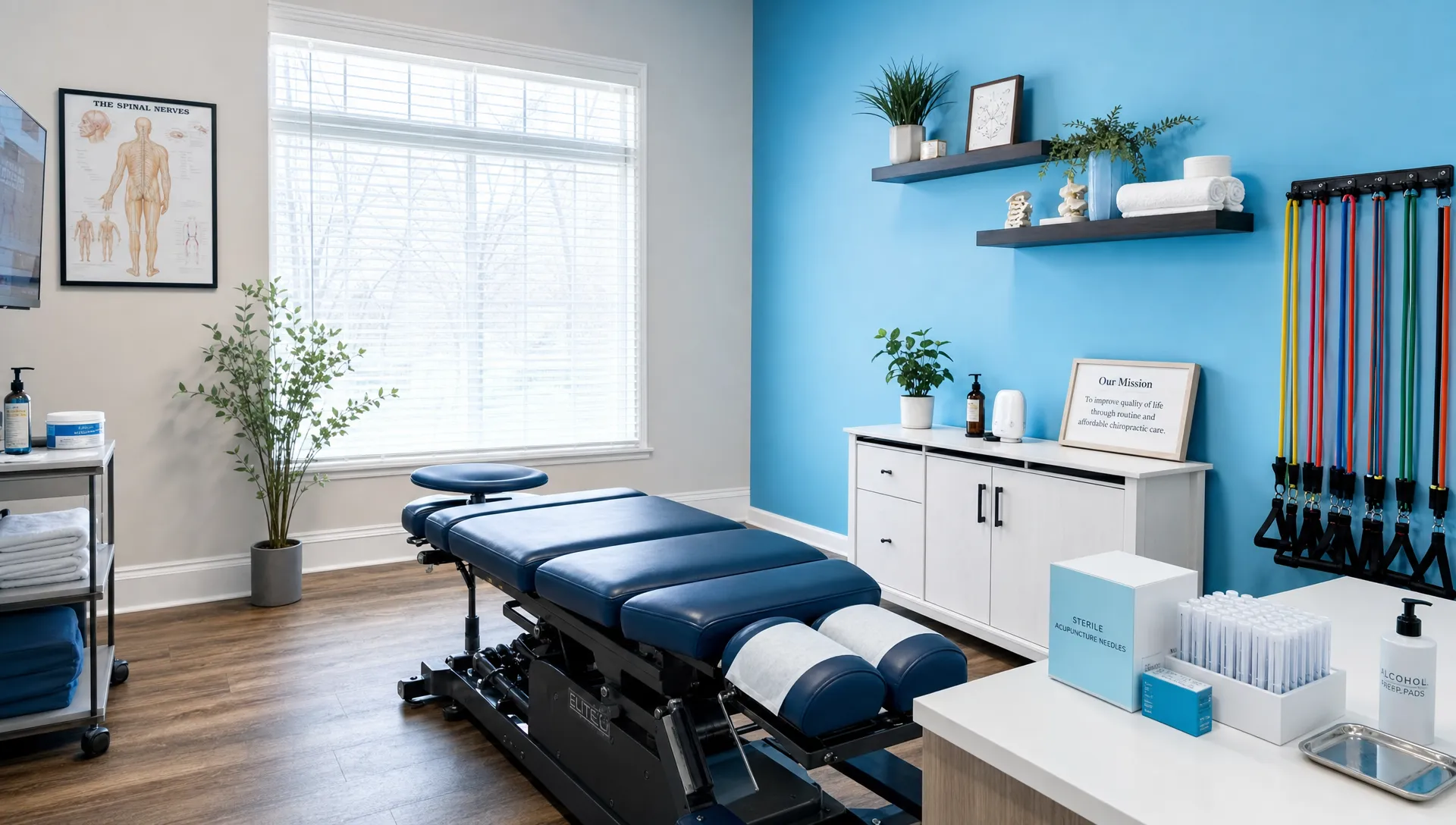 A chiropractic treatment room shows an adjustment table, rehab bands, acupuncture supplies, and a tidy care setup.