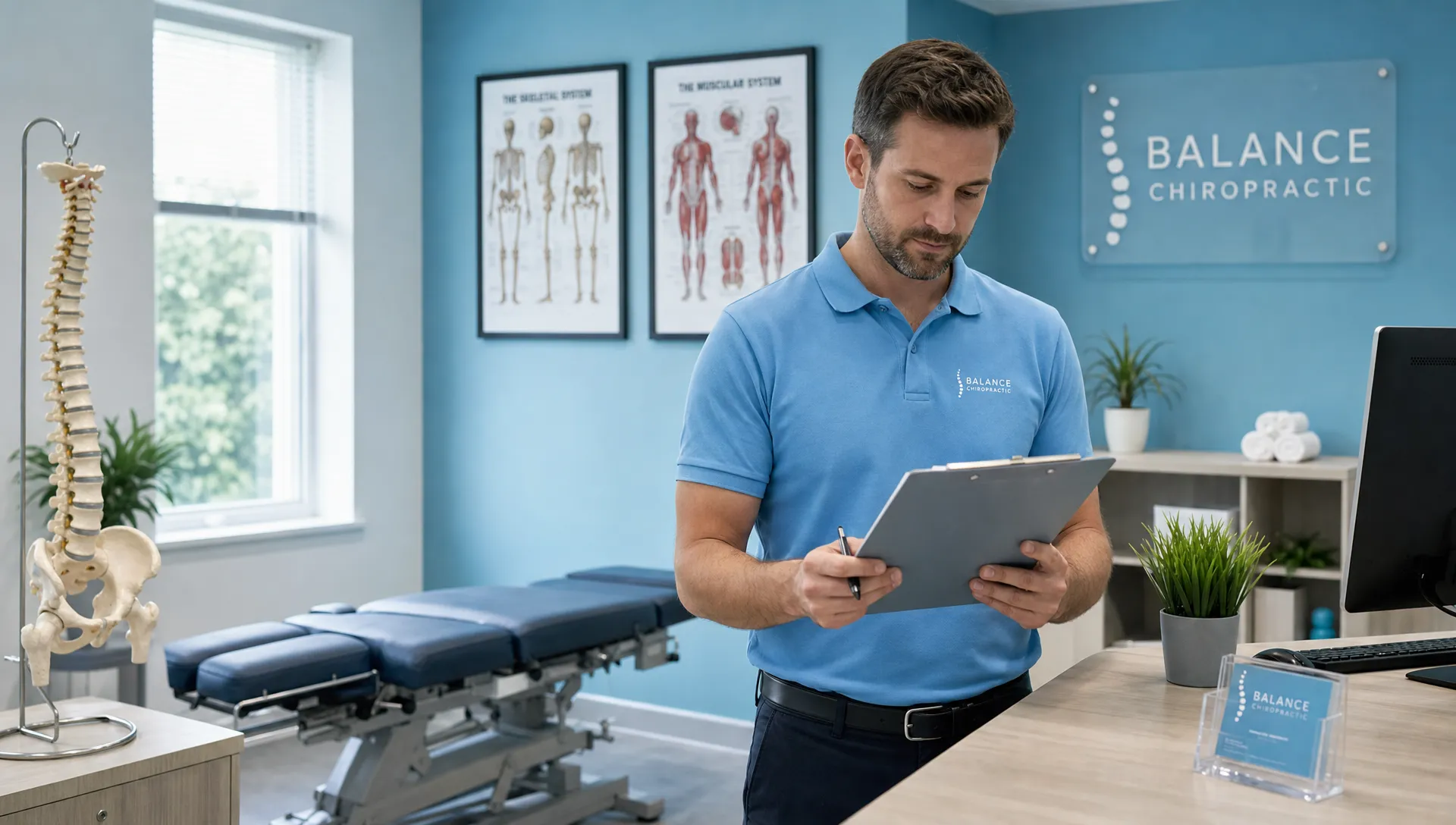 What a Great Chiropractic Website Should Tell You 1 A chiropractic treatment room with an exam table, an anatomical spine model, and a provider reviewing a patient intake form while standing beside the desk, creating a calm and professional healthcare setting.
