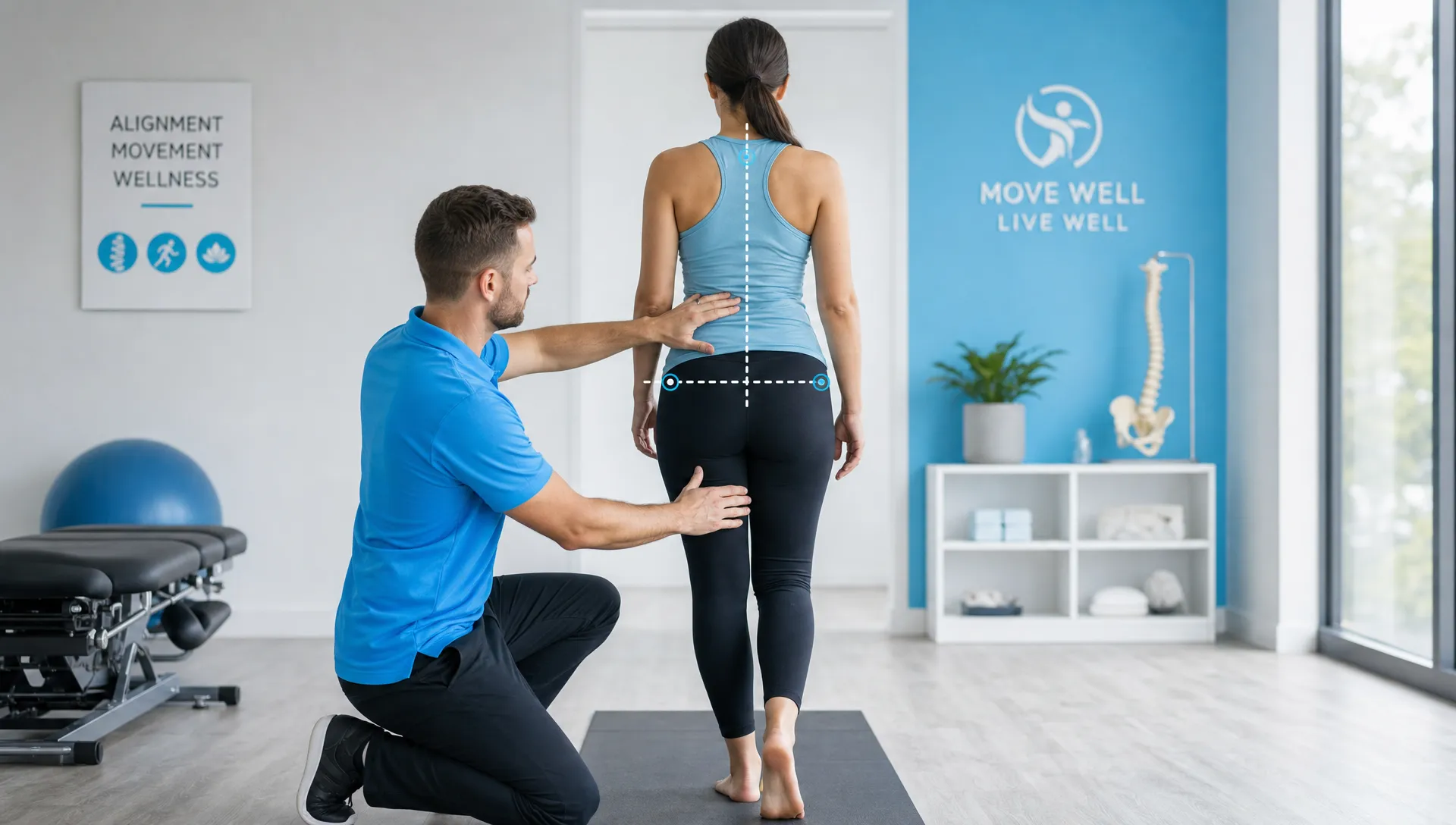 A chiropractor checks a patient's spinal and hip alignment during a standing movement assessment in a calm clinic.