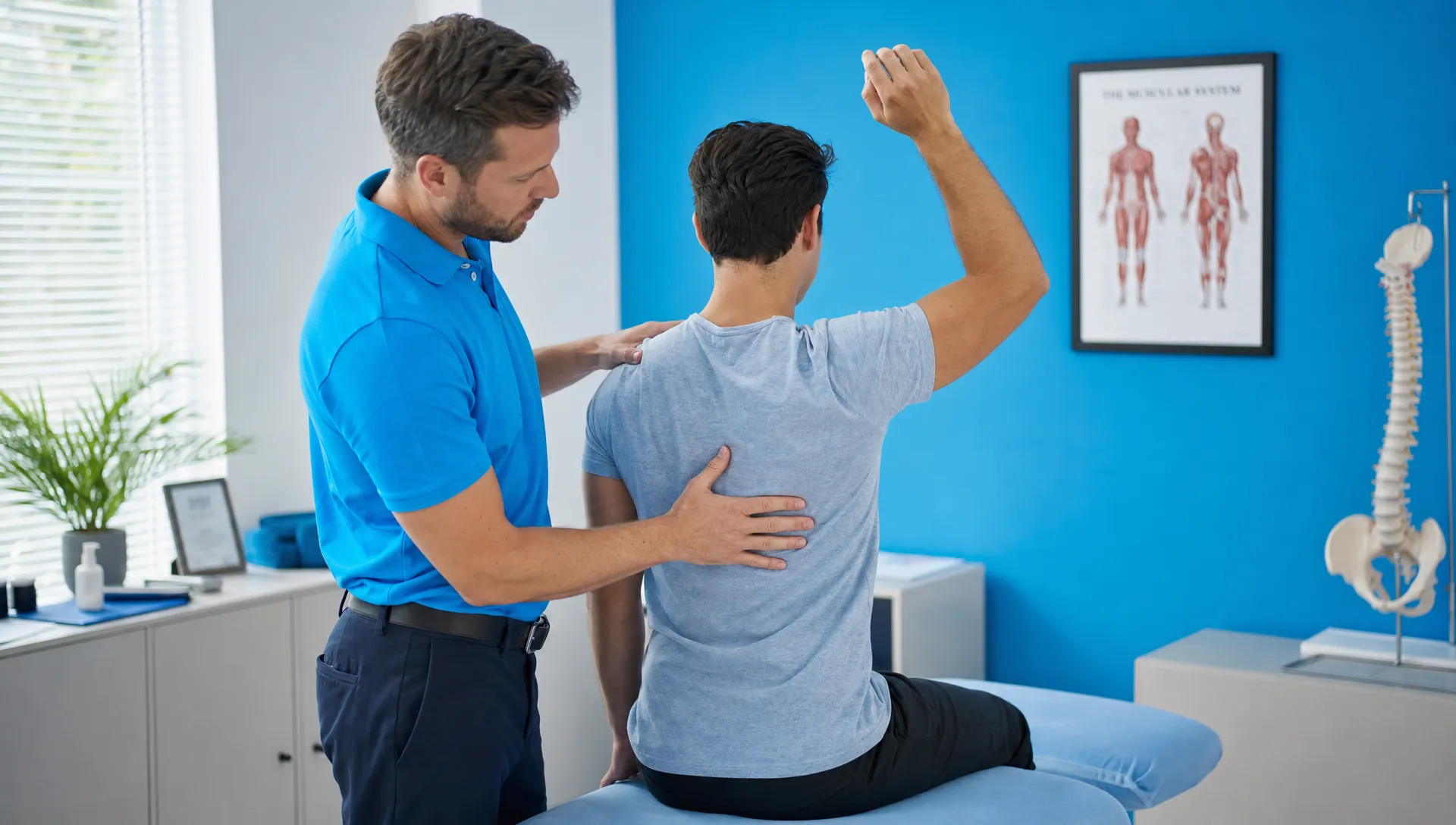 A chiropractor checks shoulder and upper back movement while the patient sits upright in an exam room.