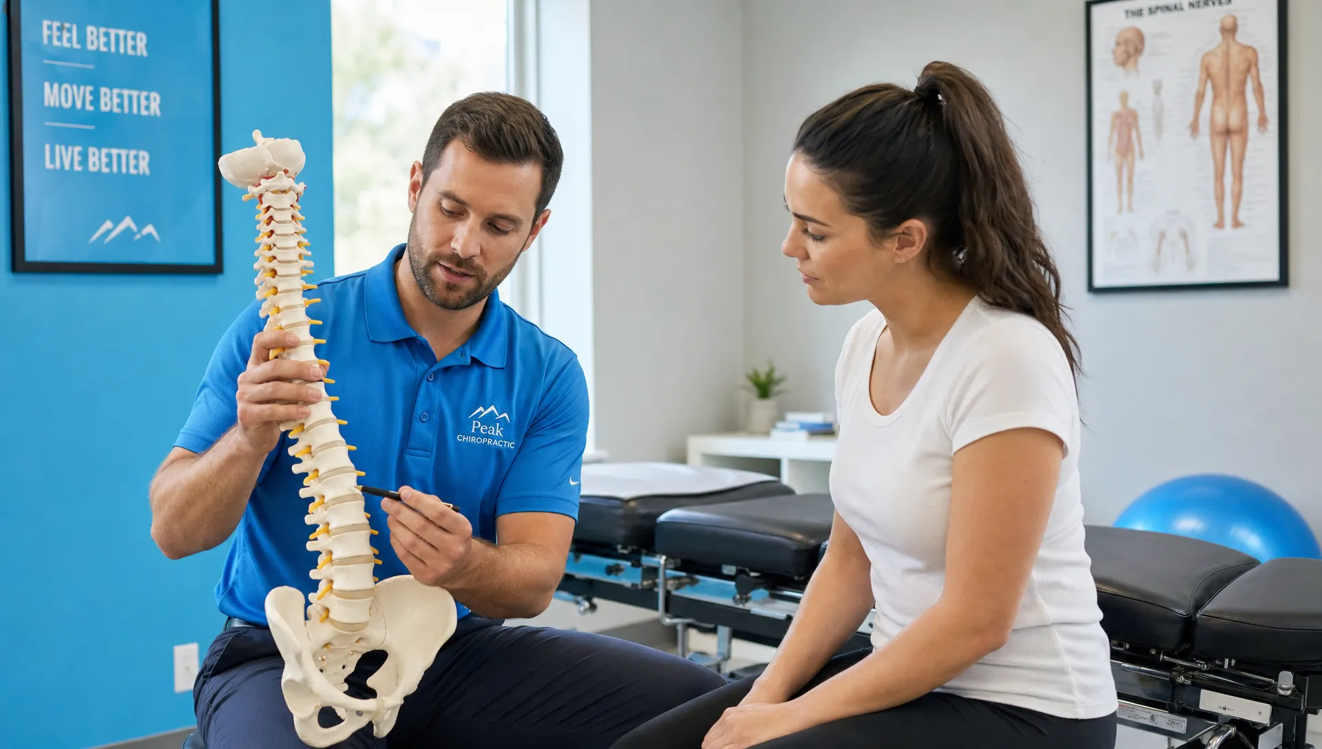 How to Choose Chiropractic Adjustments for Your Needs 1 A chiropractor explains a spine model to a seated patient in a treatment room with an exam table behind them.