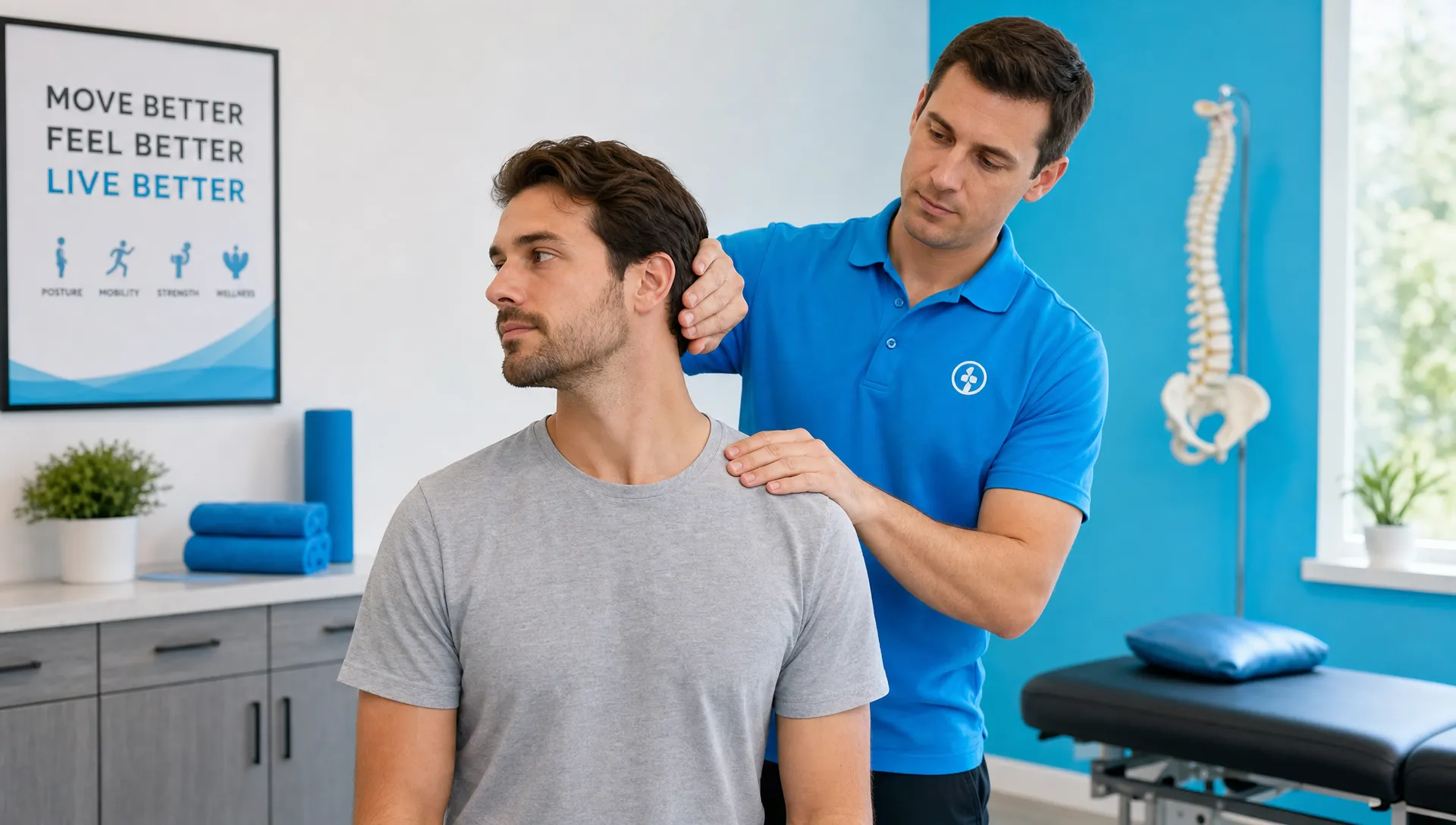 A chiropractor gently assesses a patient's neck and shoulder range of motion in a clean treatment room, with the patient seated upright and turning their head while the clinician observes posture and movement.