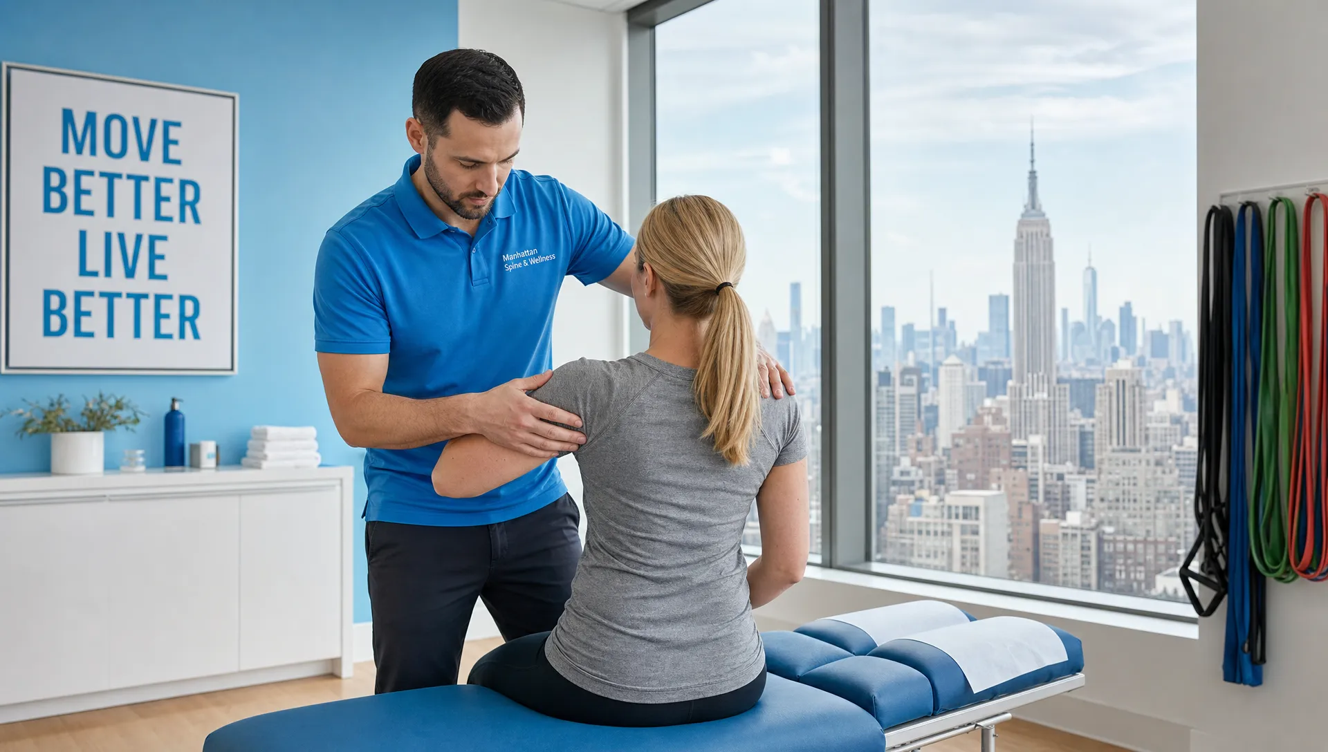 A chiropractor gently checks a patient’s shoulder and upper back mobility in a Manhattan treatment room with a table and exercise bands nearby.
