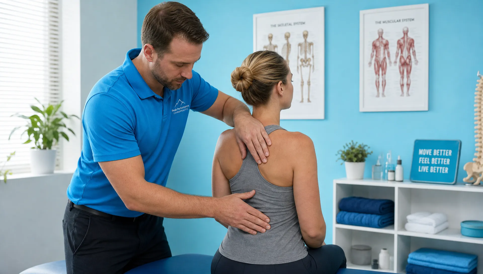 A chiropractor performs a hands-on assessment of a patient's upper back and shoulder muscles while the patient sits on an exam table, showing focused myofascial care for neck and shoulder tightness in a calm clinical setting.