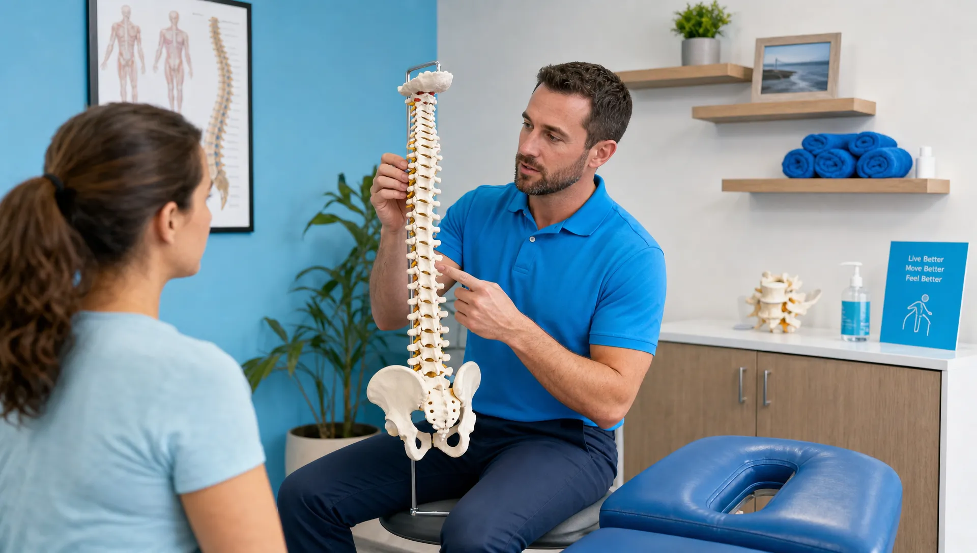 A chiropractor uses a spine model to explain neck, mid back and lower back anatomy to a seated patient in a calm treatment room.