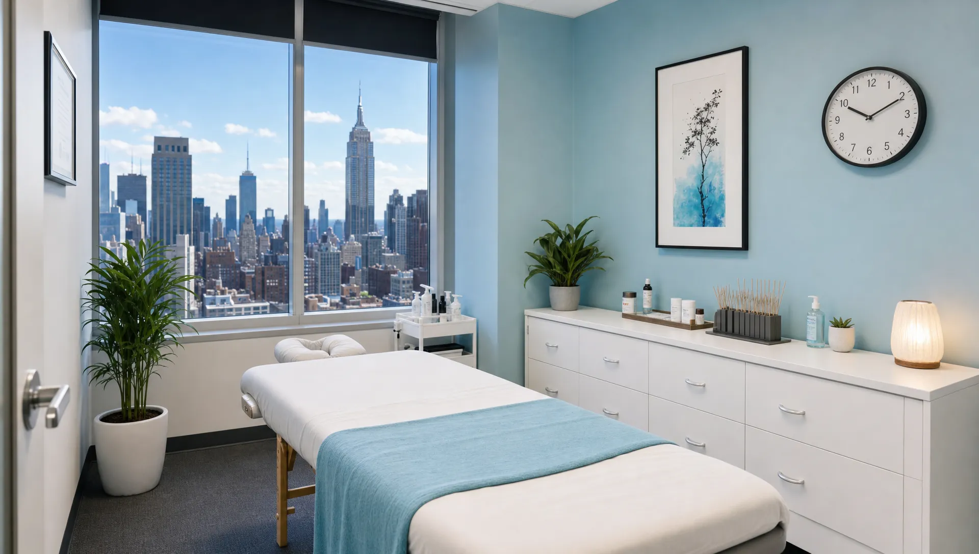 Acupuncture in 10017: How to Pick the Right Clinic 1 A clean acupuncture treatment room in Midtown Manhattan with a treatment table, neatly arranged supplies, a wall clock, and a calm professional atmosphere.