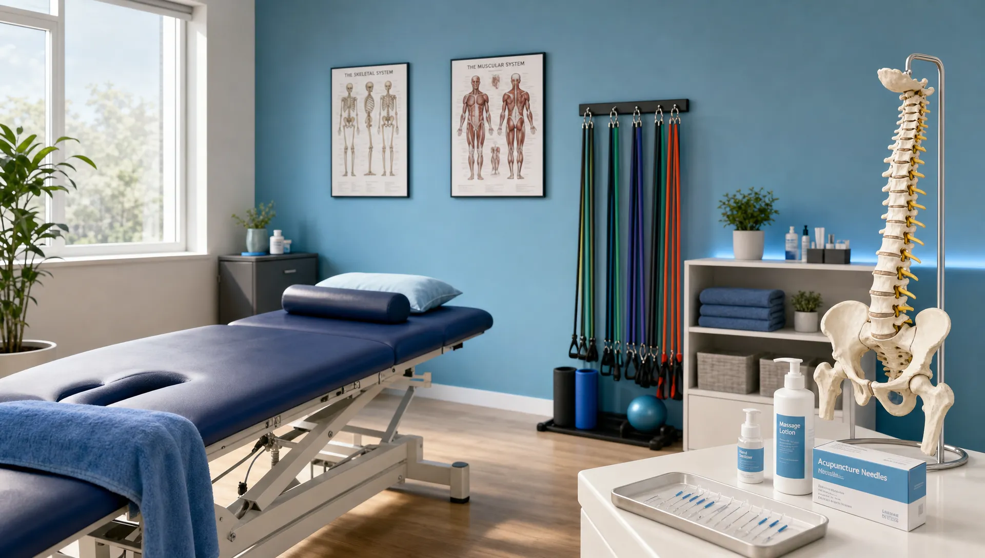 Alternative Therapy for Pain: Options That Support Recovery 1 A clinic treatment room with a therapy table, resistance bands, acupuncture supplies, and a spine model for pain recovery.