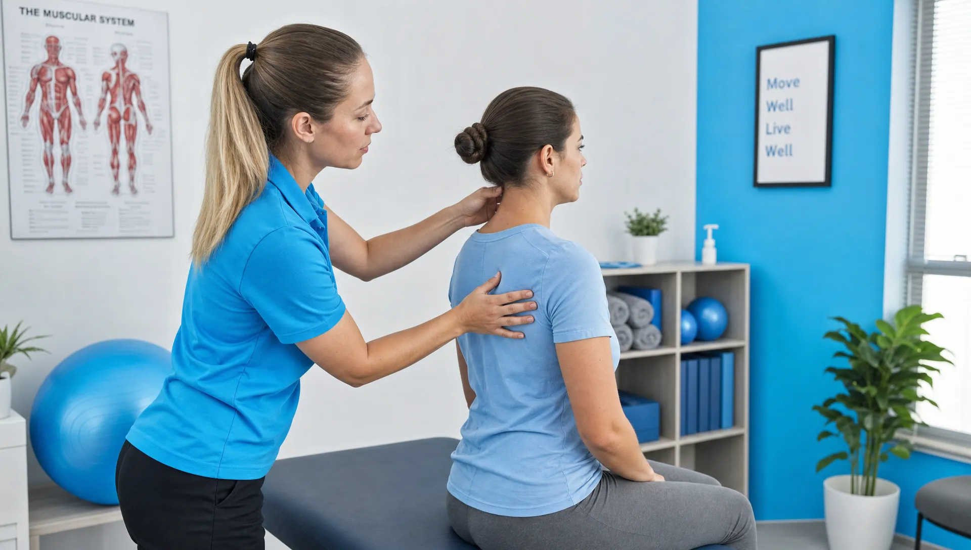 A clinician checks a seated patient’s neck and upper-back mobility in a clinic room, with posture, shoulder position and range of motion under review.