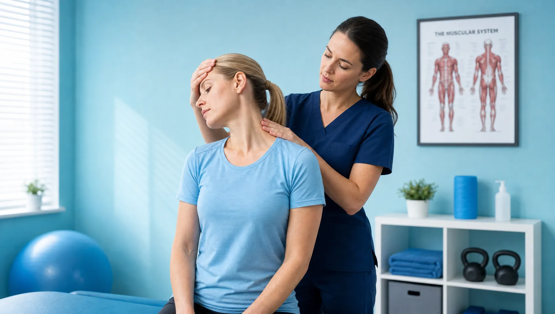 Chiro for Neck Pain: When It May Help and When to Seek Care 1 A clinician gently checks a seated patient’s neck range of motion in a calm treatment room.