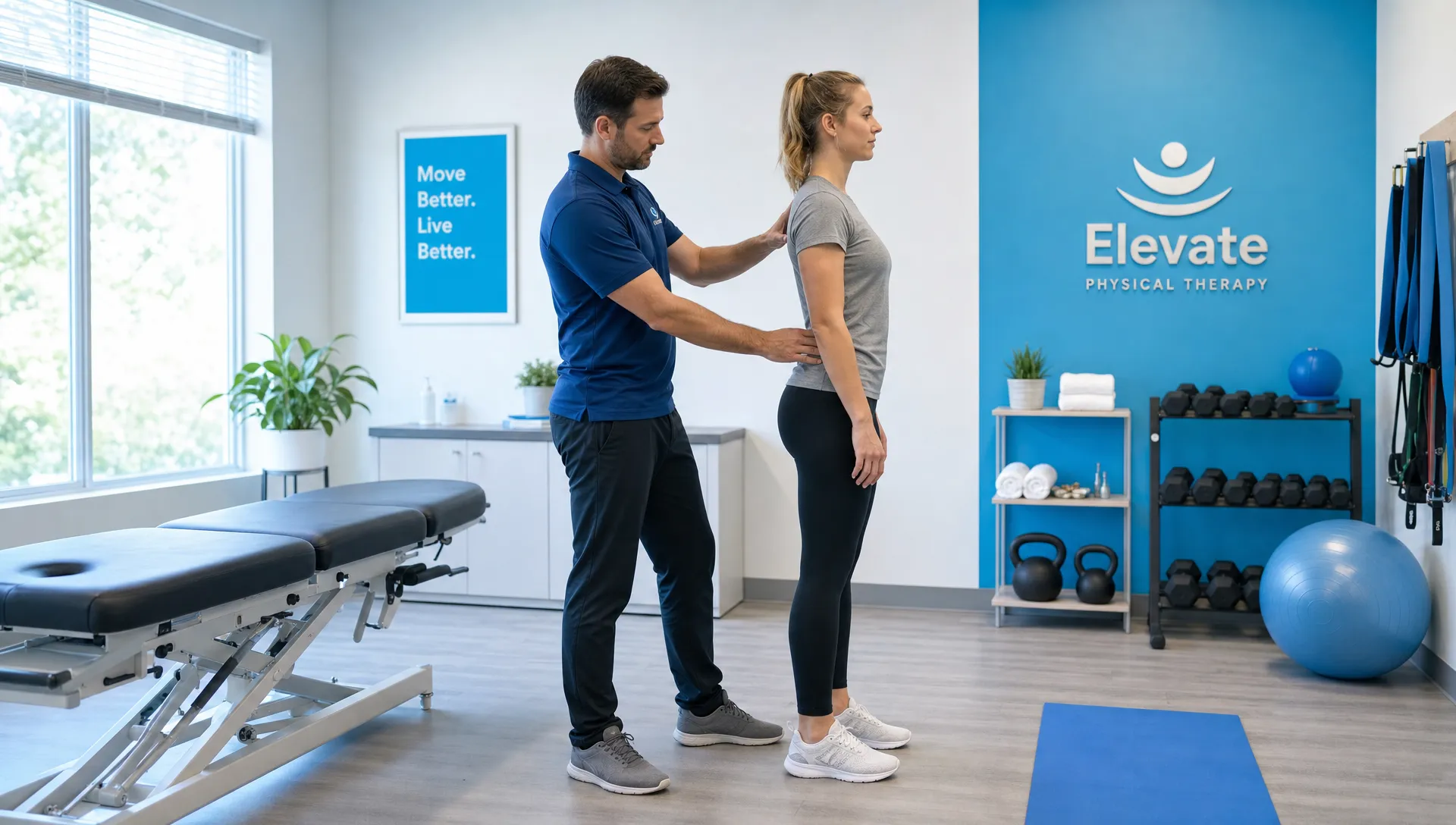 A clinician standing beside a patient during a posture and movement assessment in a bright exam room, with a treatment table and exercise equipment visible to the side.