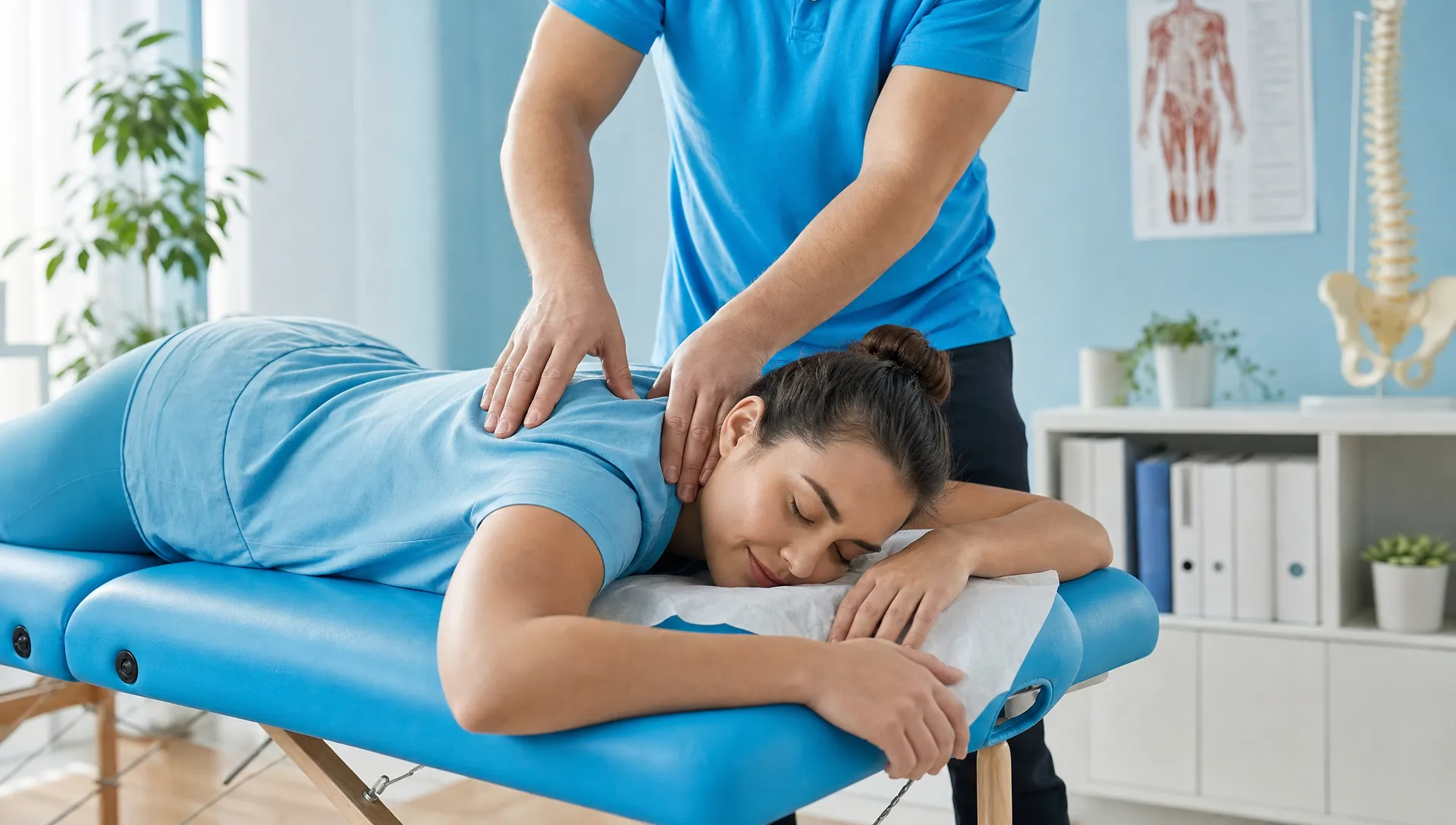 A patient receives gentle shoulder and upper back massage on a treatment table after a chiropractic appointment.