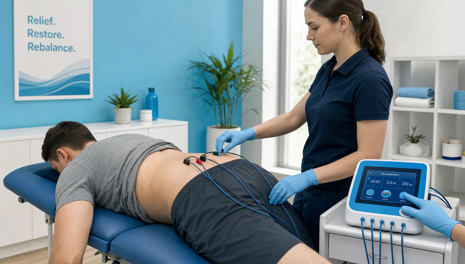 A patient rests on a treatment table while a clinician places electroacupuncture clips on the lower back and adjusts the nearby device.