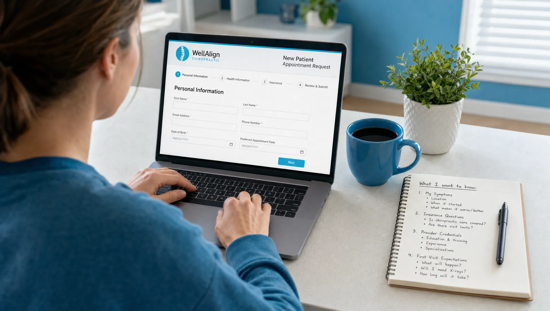 A patient seated at a table reviewing an online chiropractic appointment form on a laptop with the screen facing them, alongside a notebook listing symptoms, insurance questions, provider credentials, and first-visit expectations.