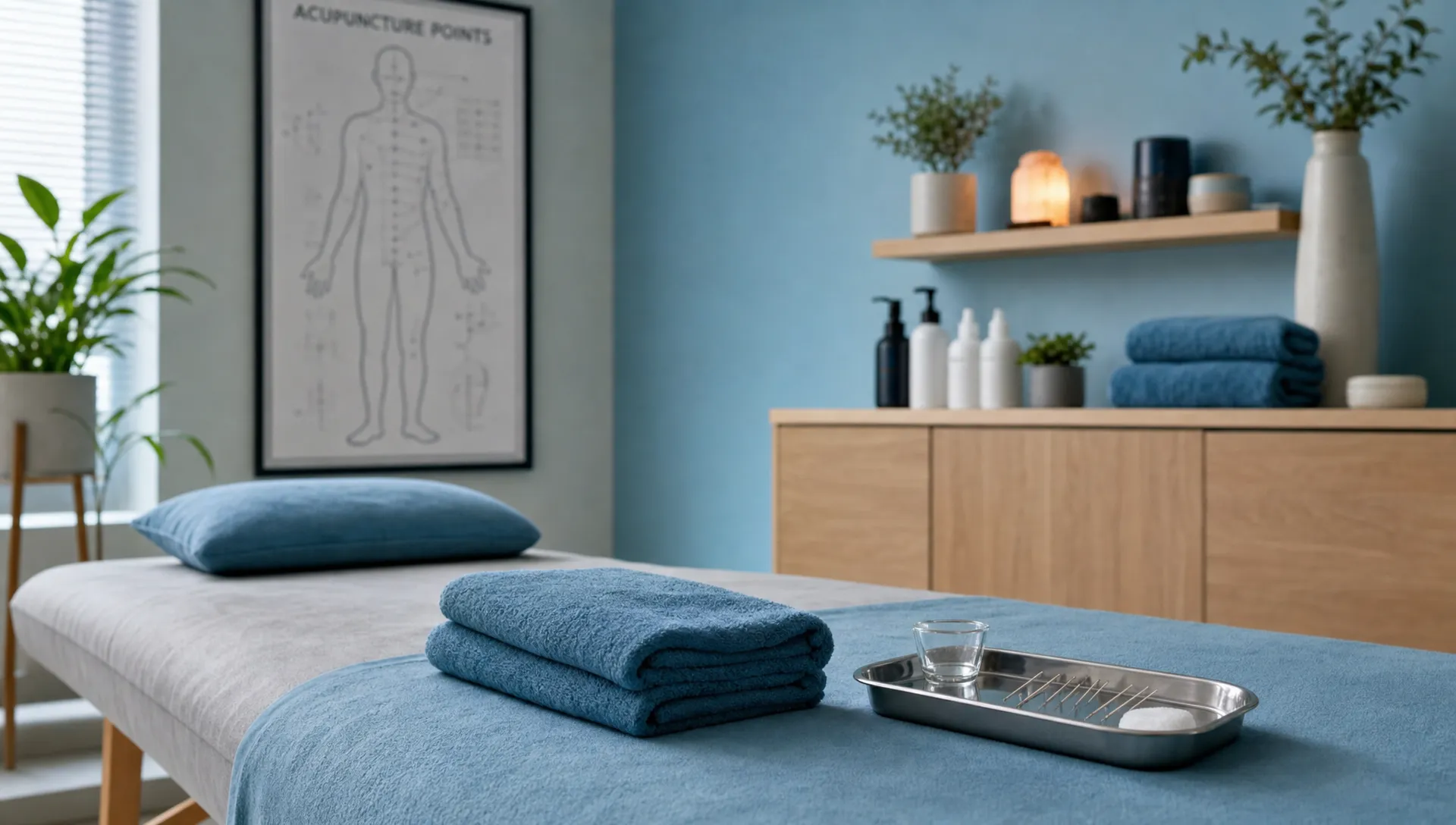 A quiet acupuncture treatment room with a treatment table, folded towels, and a sterile needle tray prepared for pain and stress relief.