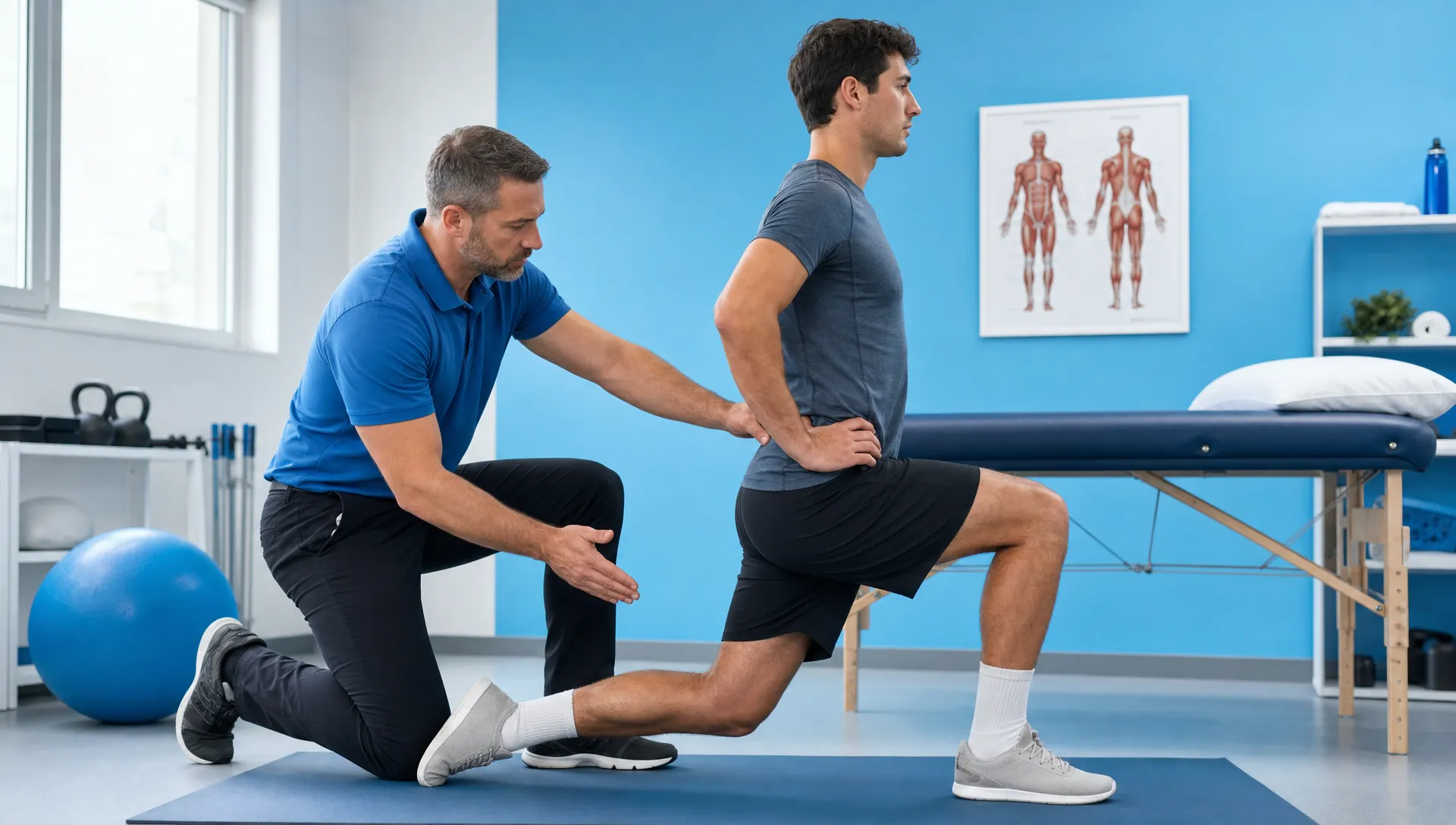 Sports and Chiropractic Care for Injury Prevention 1 An adult clinician evaluates hip and lower back mobility while an athlete performs a controlled movement test beside an exam table.