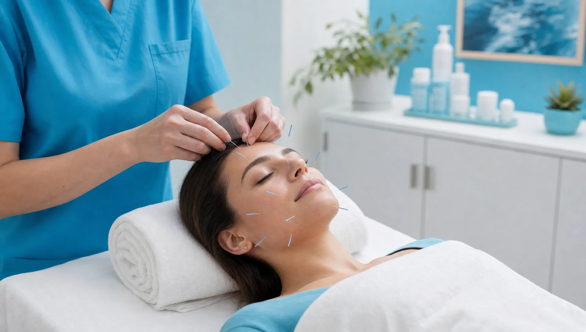 Facial Acupuncture in NYC: Benefits and What to Expect 1 An adult patient rests on a treatment table while facial acupuncture needles are placed on the forehead, cheeks and jawline in a clean, quiet treatment room.