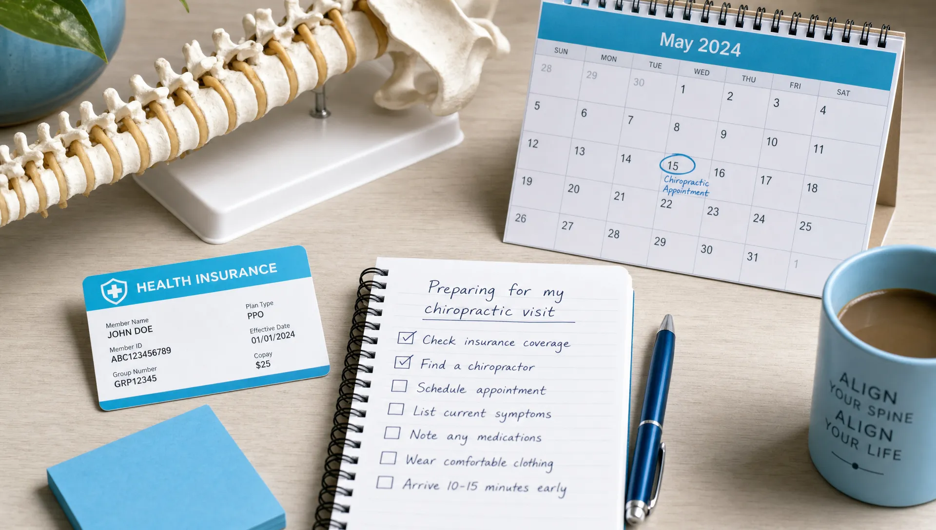How to Find a Chiropractor That Takes Insurance 1 An insurance card, appointment calendar, spine model, and handwritten checklist on a desk for preparing to book a chiropractic visit.