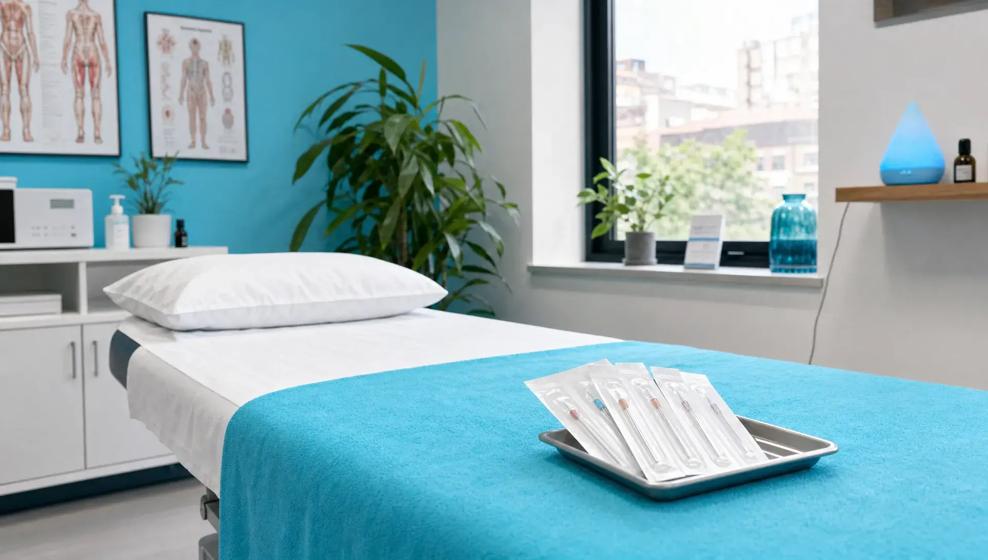 A Bronx treatment room shows a padded table, clean linens, and sealed acupuncture needle packaging ready for a session.