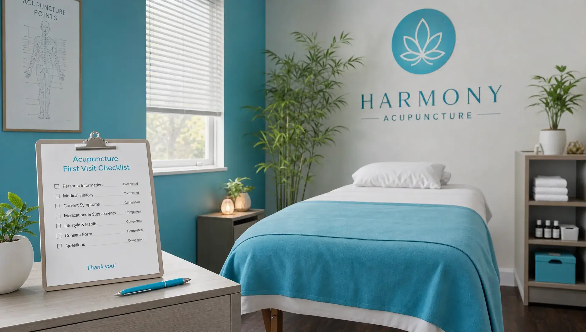 Acupuncture Bushwick: Questions to Ask Before Your First Visit 1 A calm acupuncture room with a treatment table, clean linens, and a checklist on a side table before a first visit.
