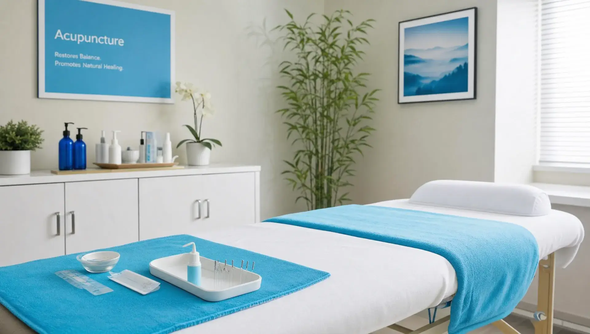 A calm acupuncture treatment room with a table, clean linens, sterile supplies and a quiet clinical setup.