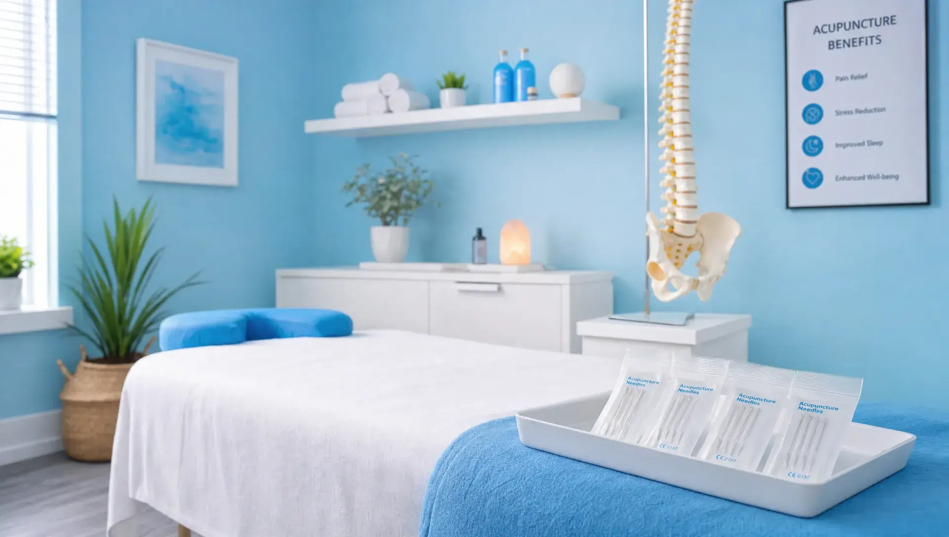 How to Evaluate Harlem Chi Acupuncture for Pain Relief 1 A calm acupuncture treatment room with a treatment table, sterile needle packaging, and an anatomical spine model for evaluating pain relief options.