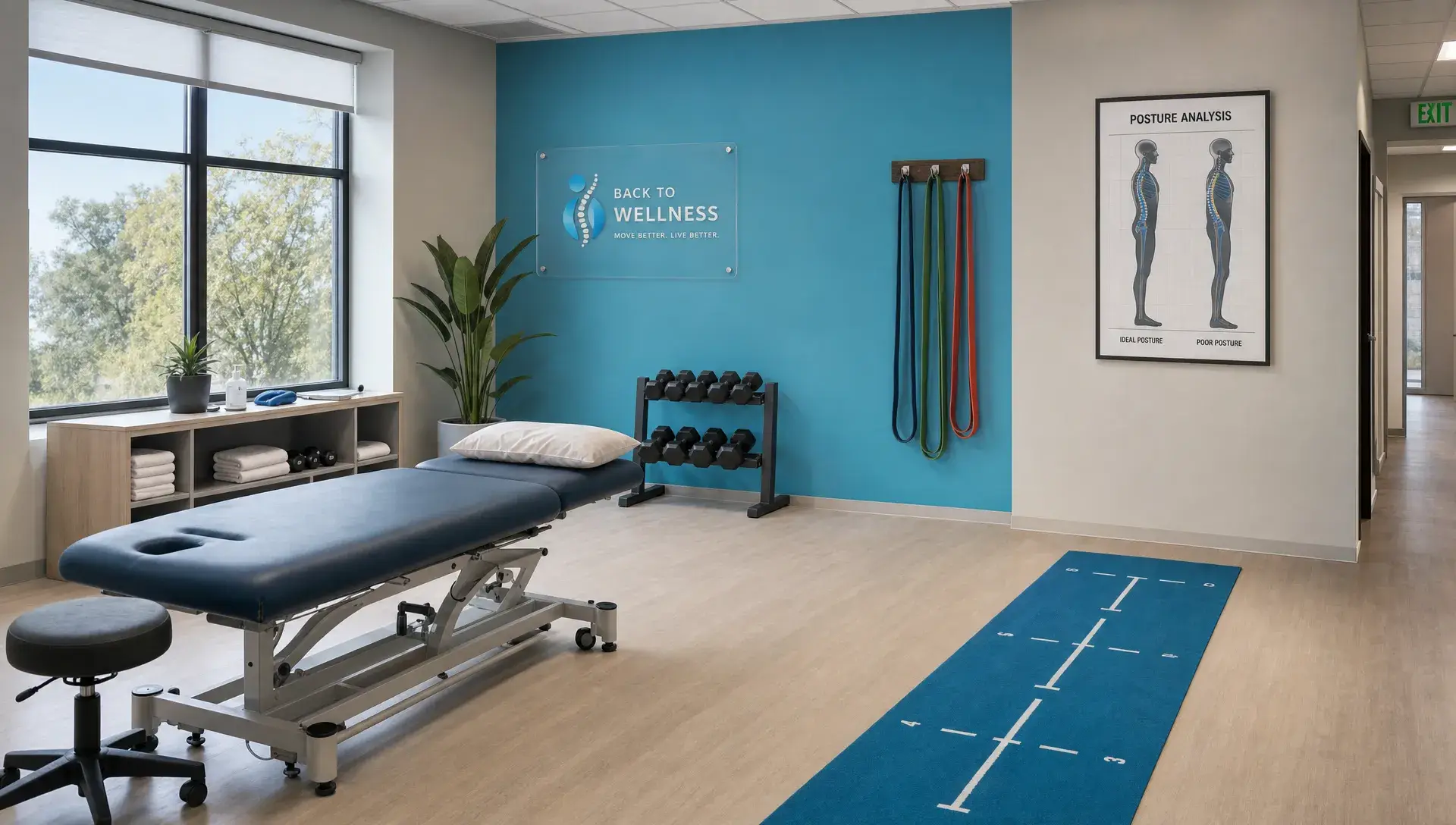 A calm treatment room in a back to wellness clinic with an exam table, resistance bands, a posture chart, and open space for movement assessment.