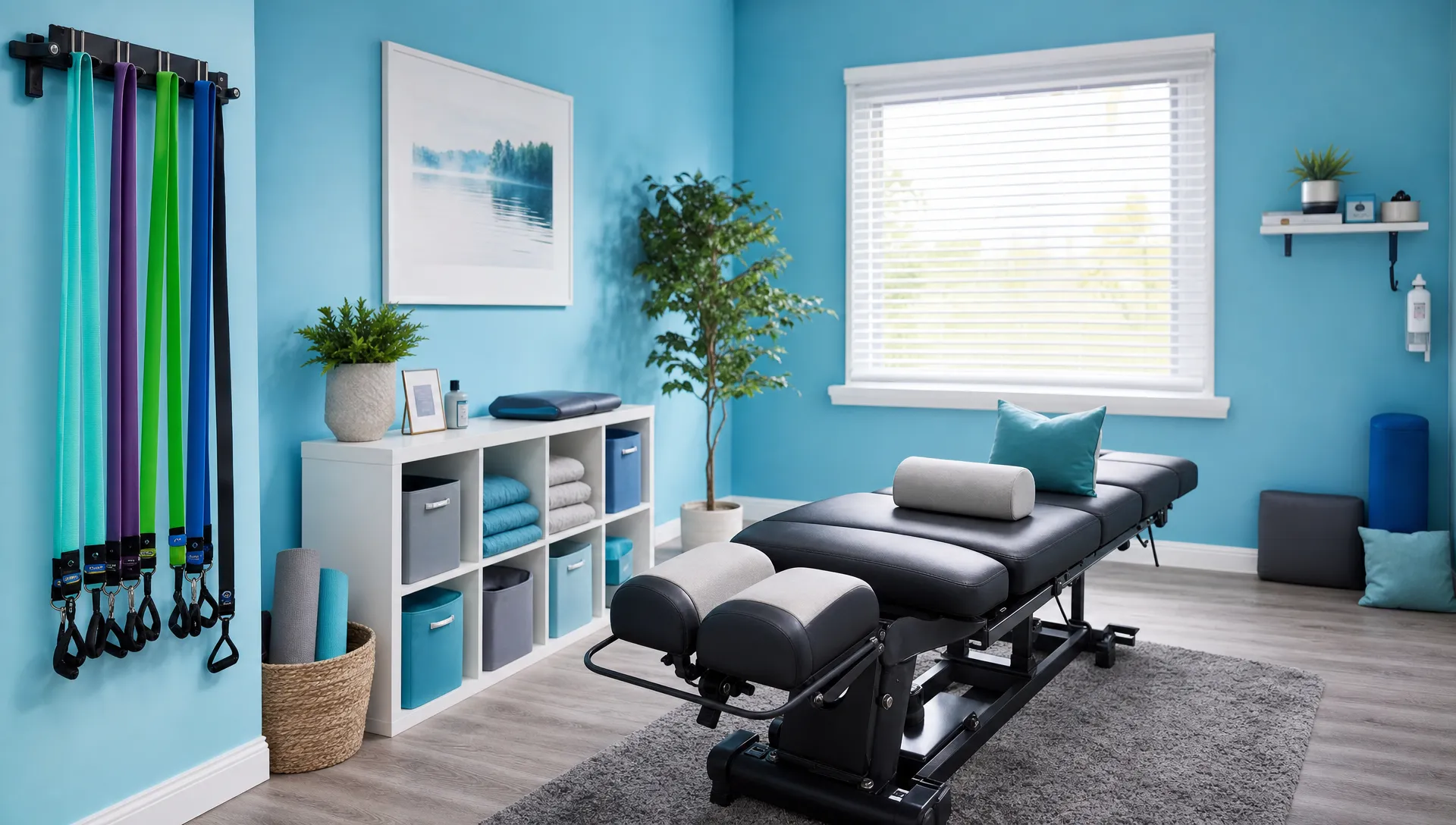 A calm treatment room with a chiropractic table, exercise bands and supportive pillows for gentle care during MS management.