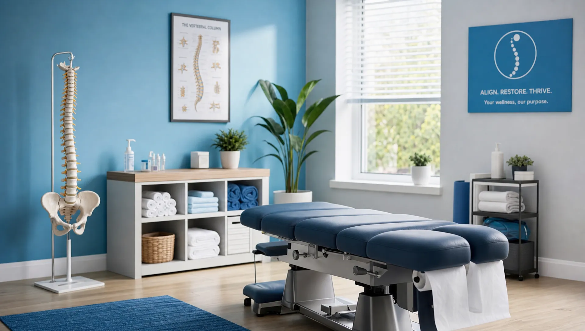 Chiropractor vs. Massage: Which Is Right for Your Pain? 1 A calm treatment room with an anatomical spine model, a chiropractic table and neatly folded towels, showing a place for joint-focused care and massage therapy.