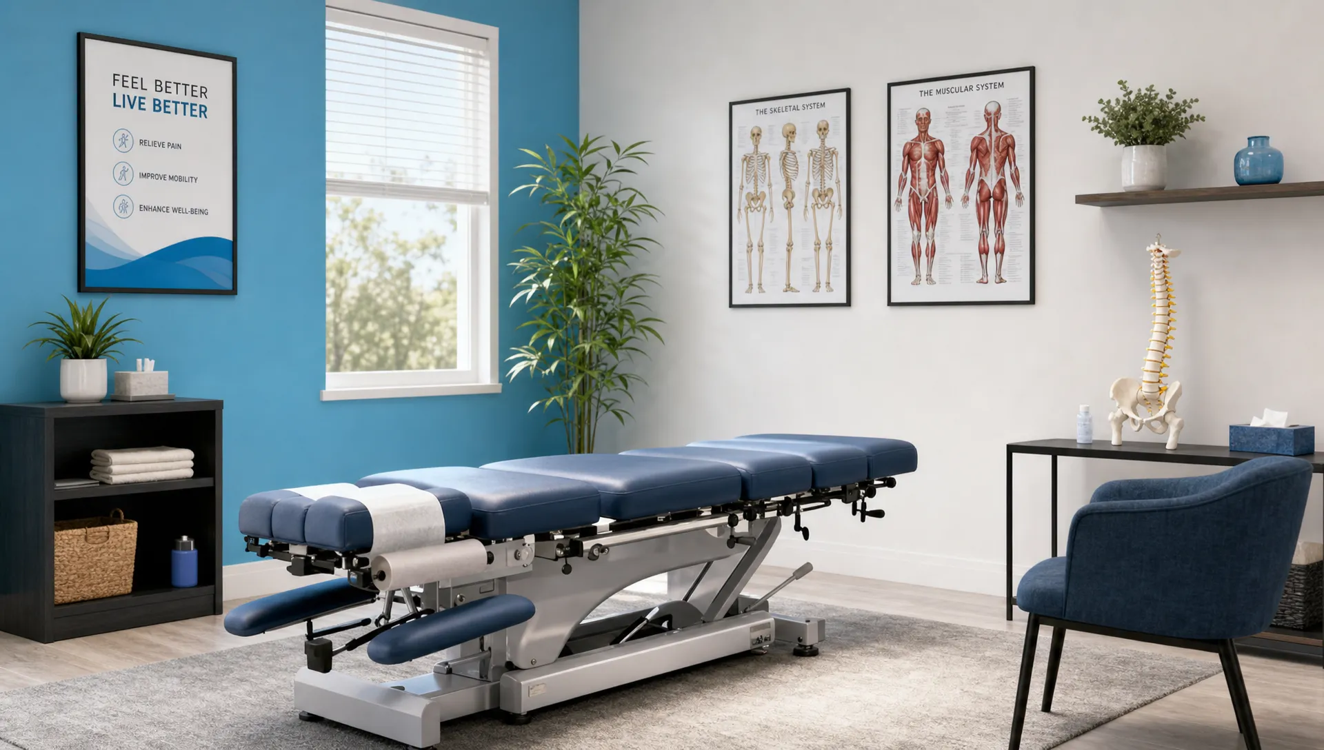 Can a Chiropractor Help With Stress-Related Muscle Tension? 1 A chiropractic treatment room with an exam table, a chair, and a simple spine model set up for muscle tension relief.