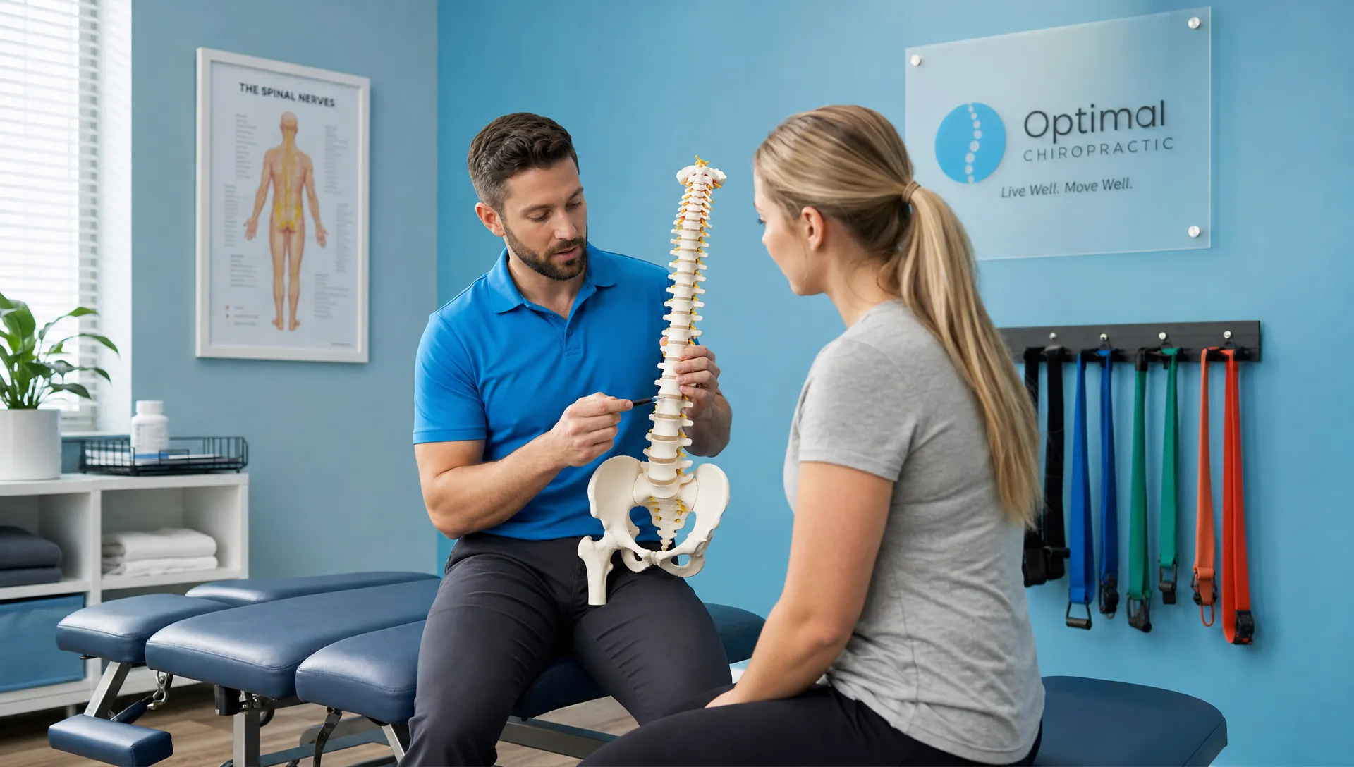 A chiropractor discusses a spine model with a patient in a treatment room, with an adjustment table and rehabilitation bands nearby.