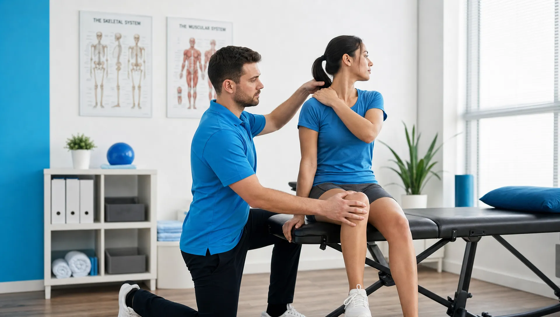 A chiropractor evaluates neck, shoulder, and knee movement during a posture and pain assessment.