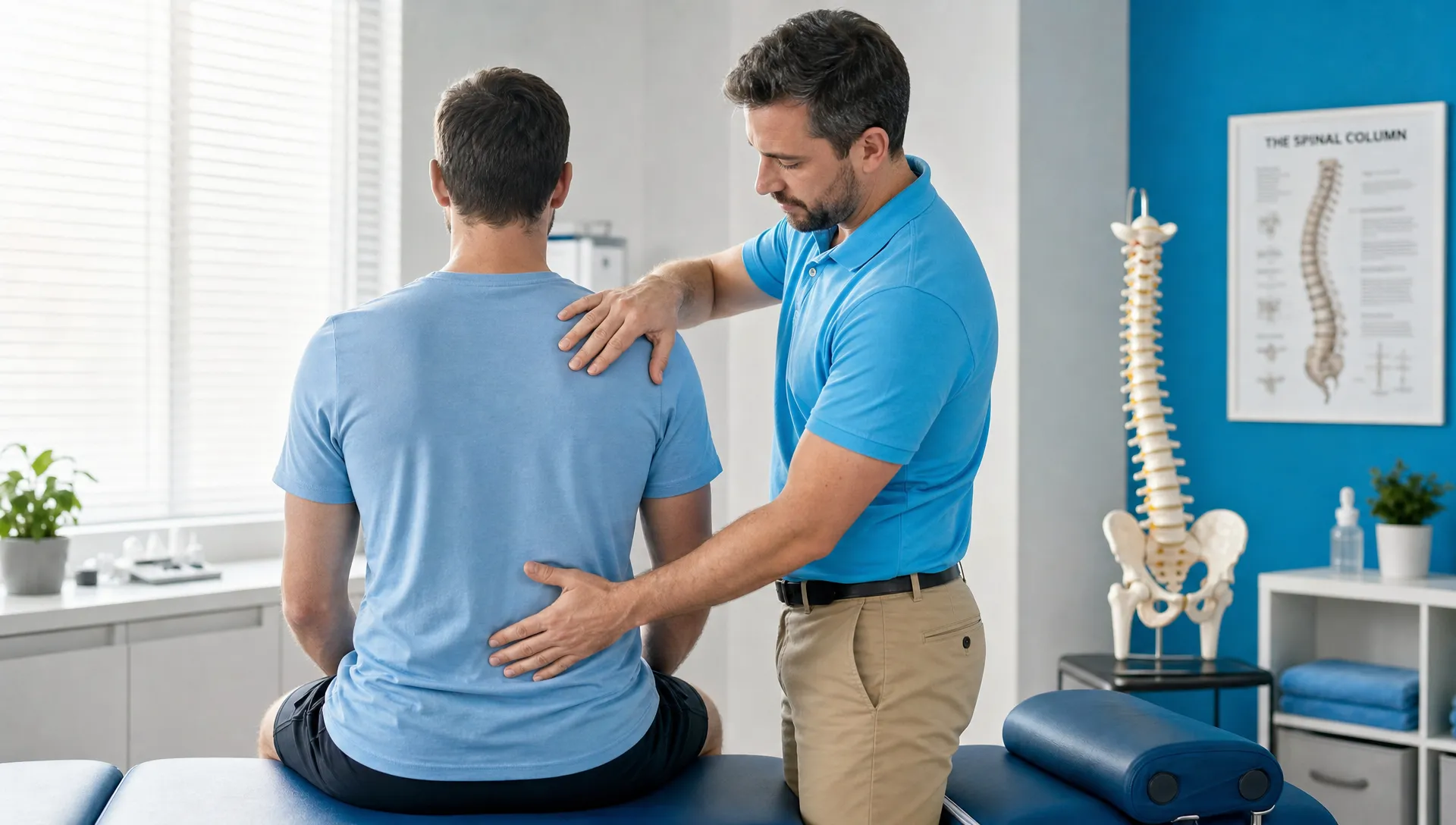 A chiropractor evaluates posture and spinal mobility in a clinic room with an exam table and spine model.