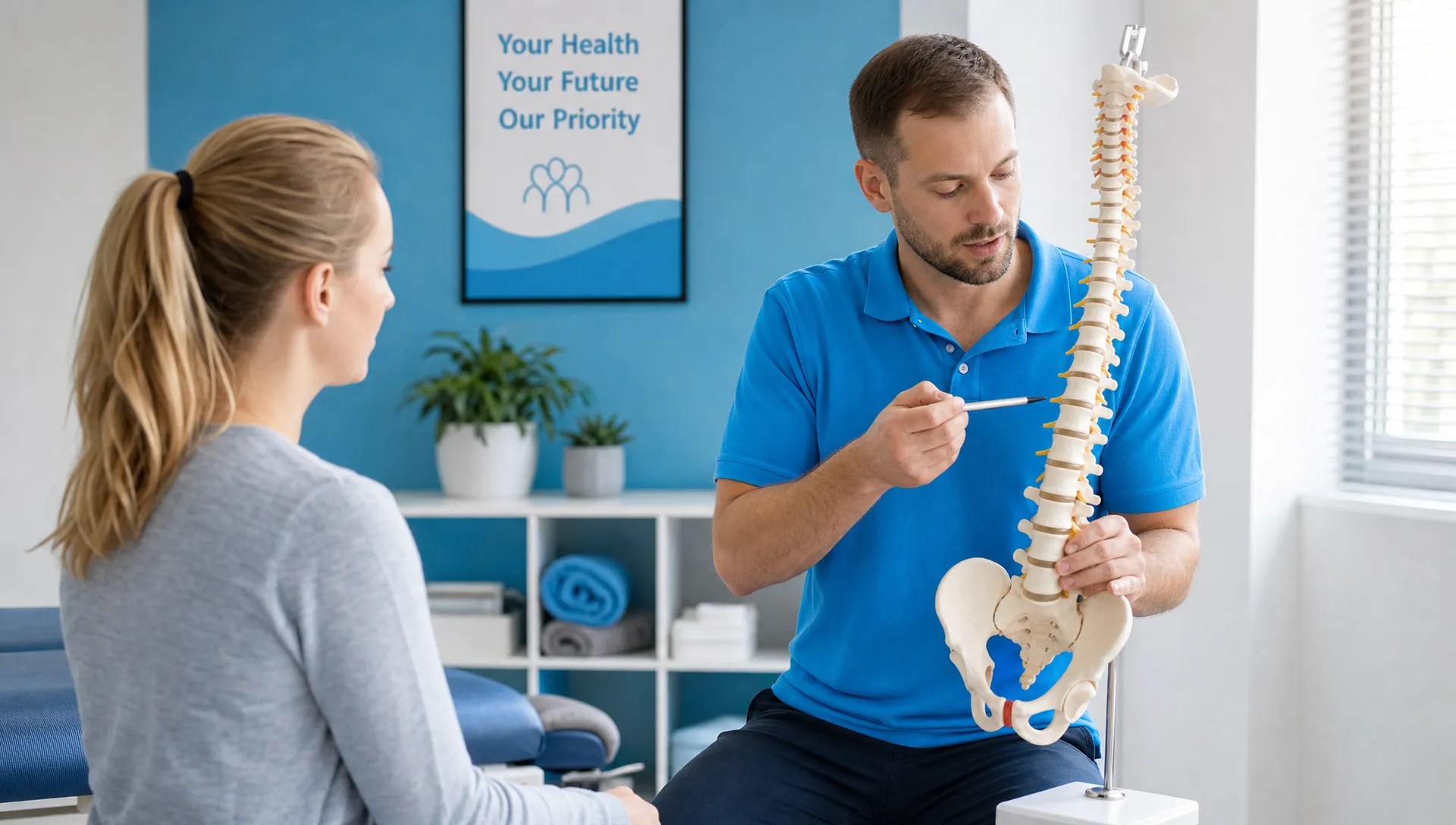 A chiropractor points out spinal joint movement on a spine model while speaking with a seated patient in a calm treatment room.