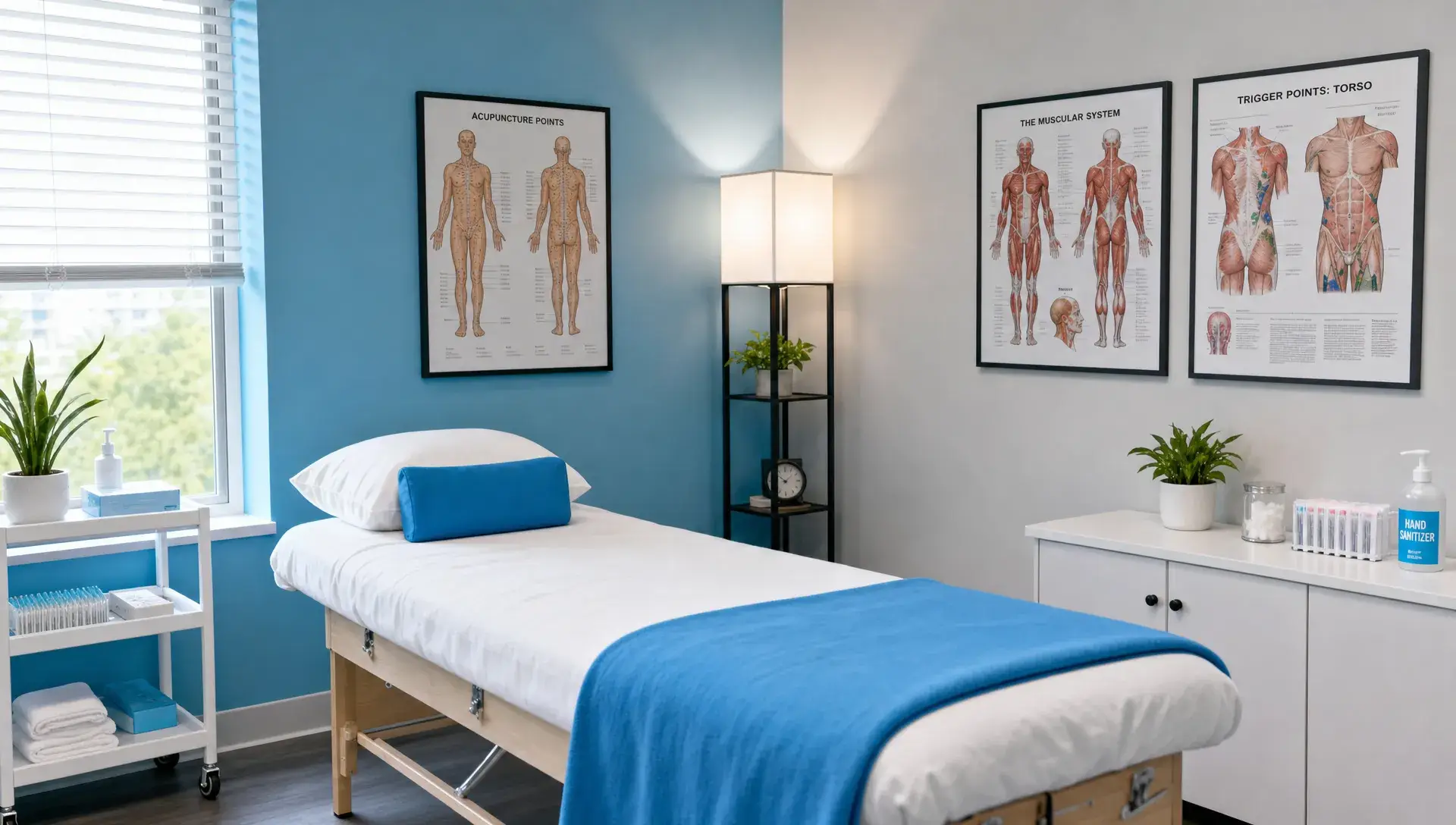 A clean acupuncture treatment room with a prepared table, sterile supplies, and anatomy charts for chronic pain care.