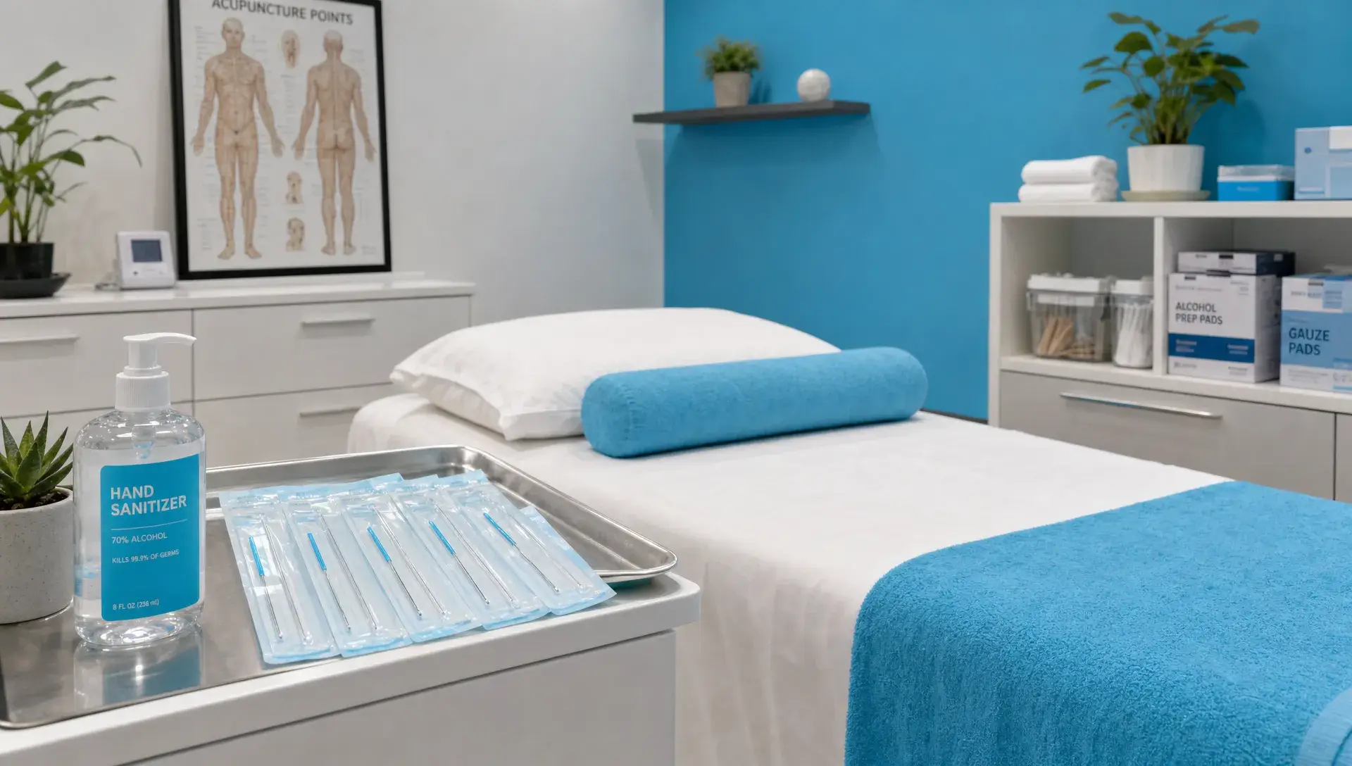 A clean treatment room with a table, sealed acupuncture needle packaging, hand sanitizer, and organized clinical supplies.