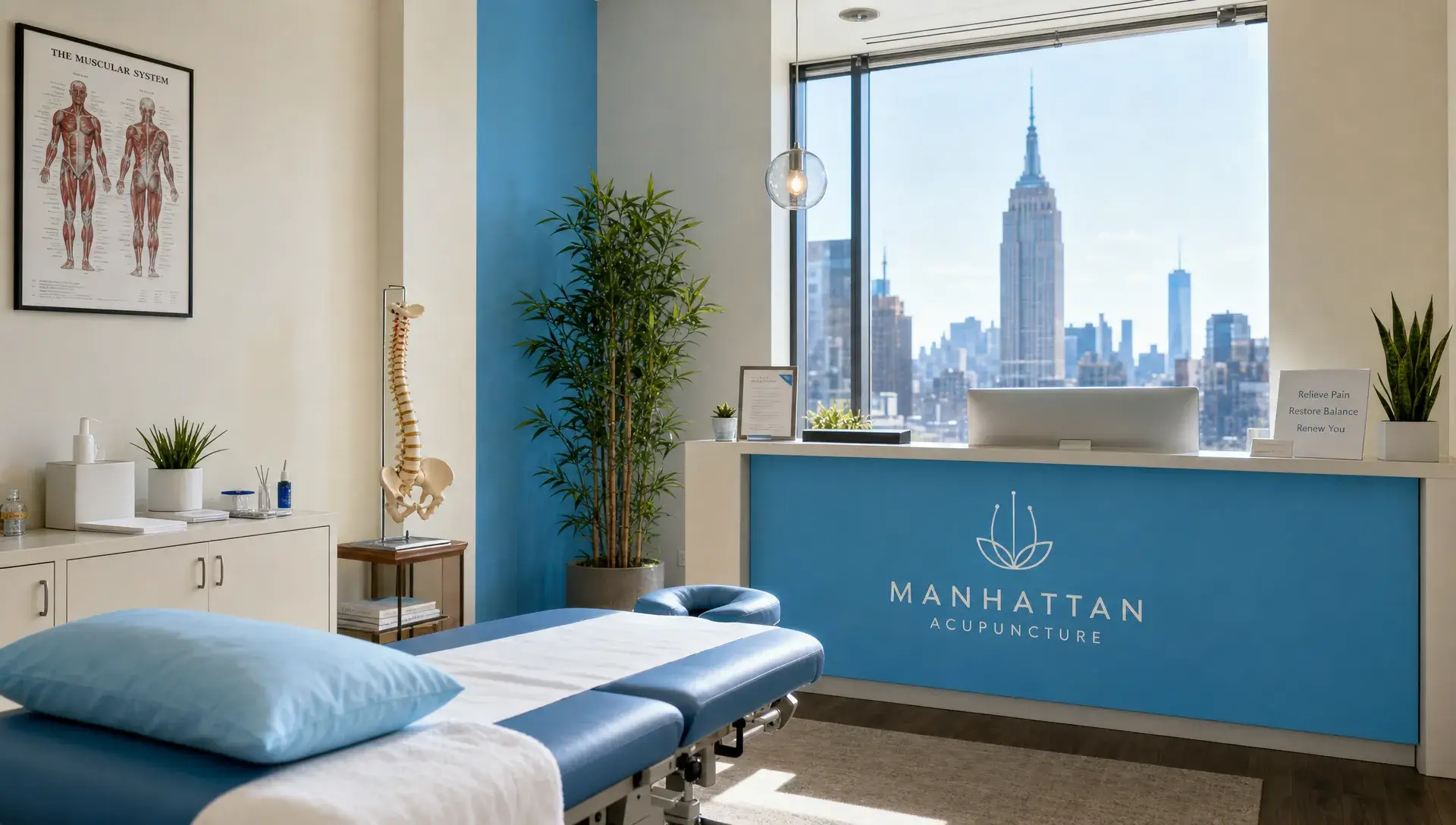 WTHN Flatiron vs. Medical Acupuncture: How to Choose Care 1 A Manhattan acupuncture clinic room with a treatment table, spine model and intake counter, showing the clinical side of choosing medical acupuncture.