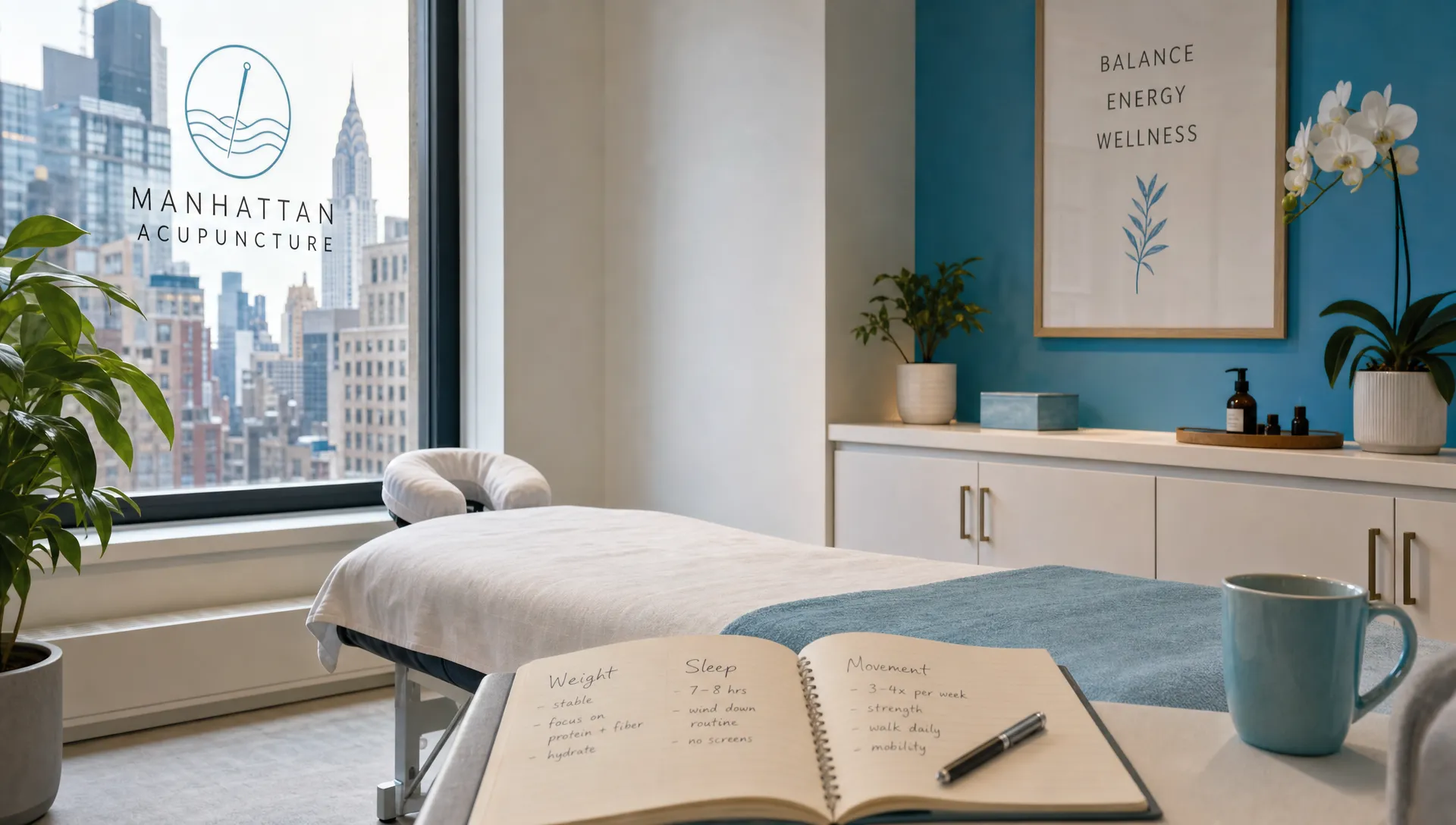 A Manhattan acupuncture treatment room with a table, clean linens, and a journal open to weight, sleep, and movement notes.