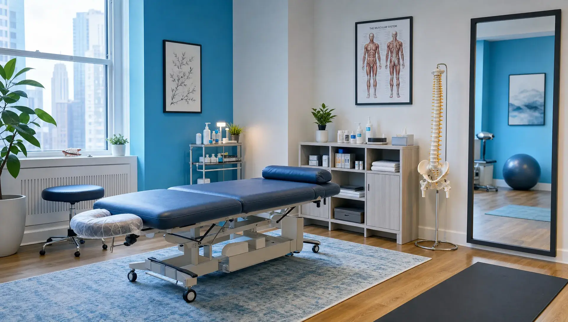 A Manhattan acupuncture treatment room with a treatment table, acupuncture supplies, an anatomical spine model and space for movement assessment.
