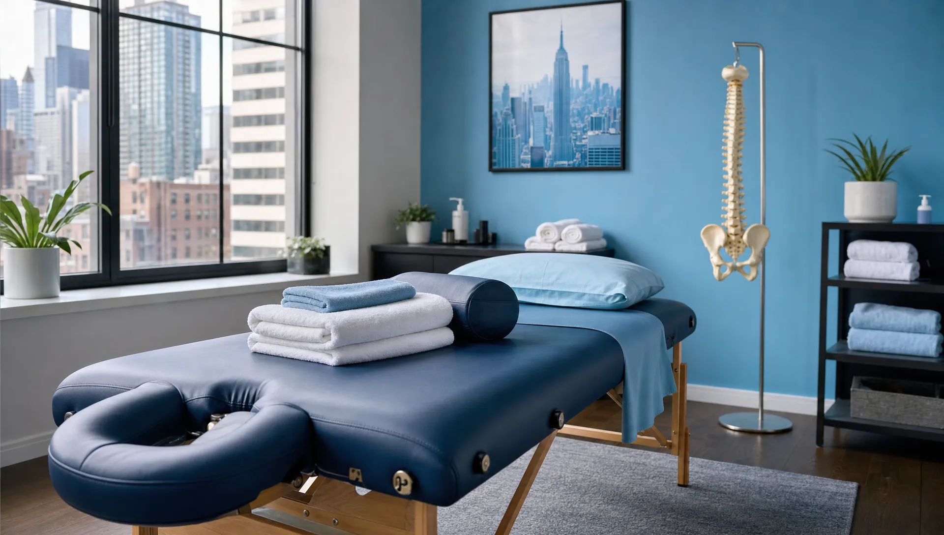 A Manhattan treatment room is prepared for chiropractic and deep tissue massage, with a massage table, folded towels, and a spine model ready for a visit.