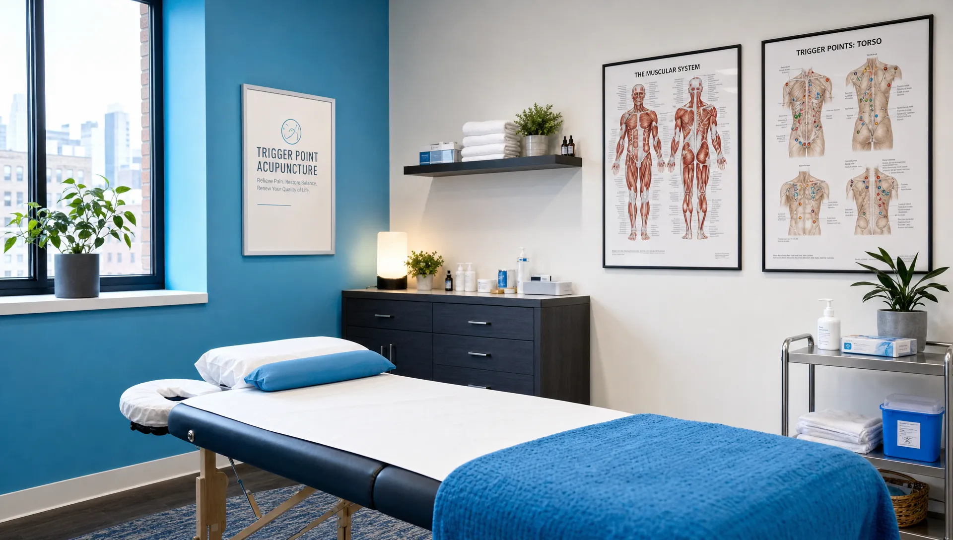 A Manhattan treatment room is set up for trigger point acupuncture with a treatment table, clean linens, and muscle charts on the wall.