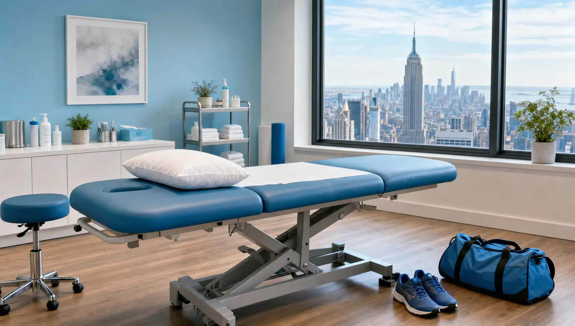 New York Sports Acupuncture for Runners and Gym Injuries 1 A Manhattan treatment room with a table, clean supplies, running shoes and a gym bag for sports acupuncture recovery.
