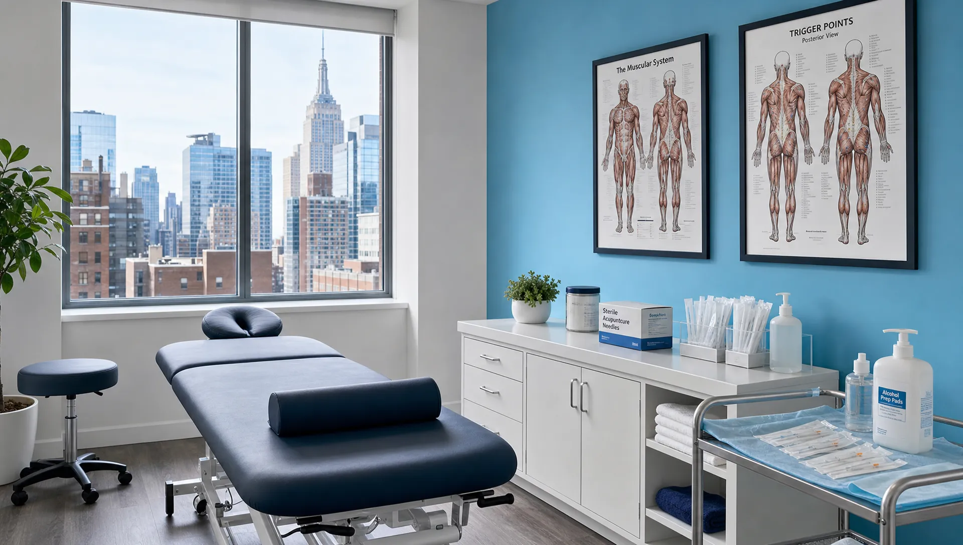 Dry Needling in New York: Benefits, Safety, and Expectations 1 A Manhattan treatment room with an exam table, sterile needle supplies, and muscle charts for dry needling care.
