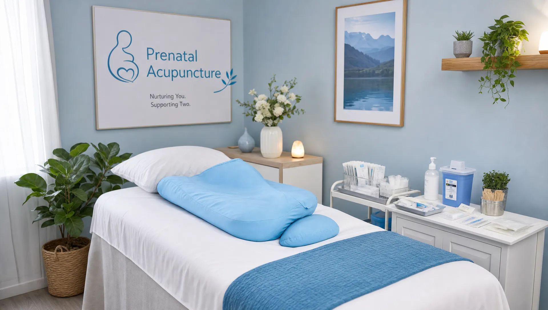 A prenatal acupuncture room is set up with a side-lying pillow arrangement, a clean treatment table, and sterile supplies nearby.