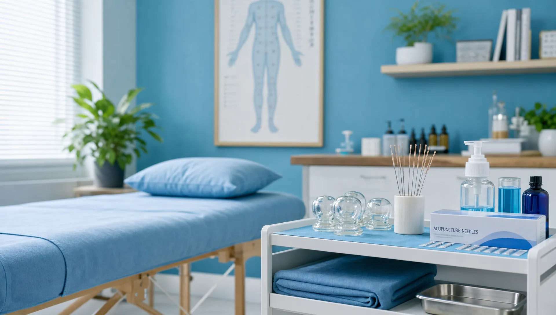 TCM Pain Relief: How Traditional Care May Support Recovery 1 A treatment room holds acupuncture supplies beside a table, creating a safe setting for tcm pain relief and recovery care.