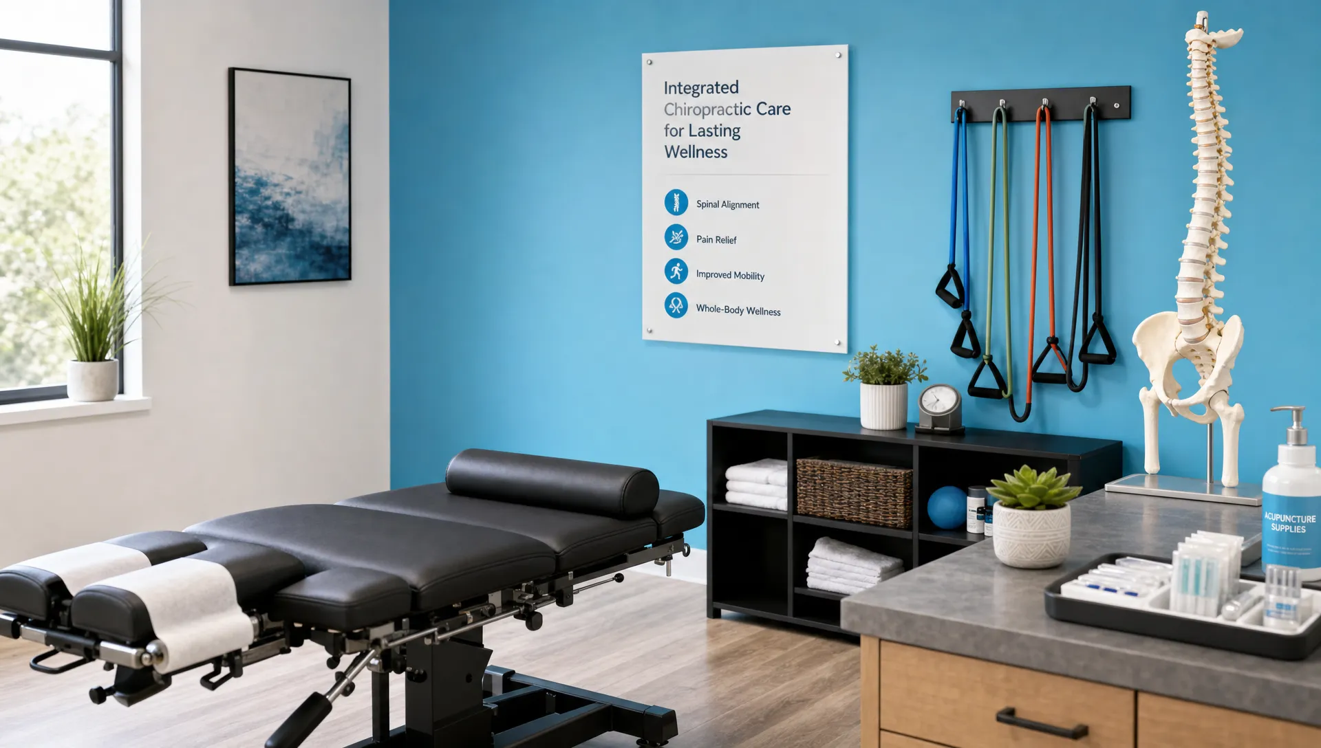 What Chiropractic Services Can Be Part of Your Care Plan? 1 A treatment room with an exam table, resistance bands, an anatomical spine model, and acupuncture supplies arranged neatly for an integrated chiropractic care plan.