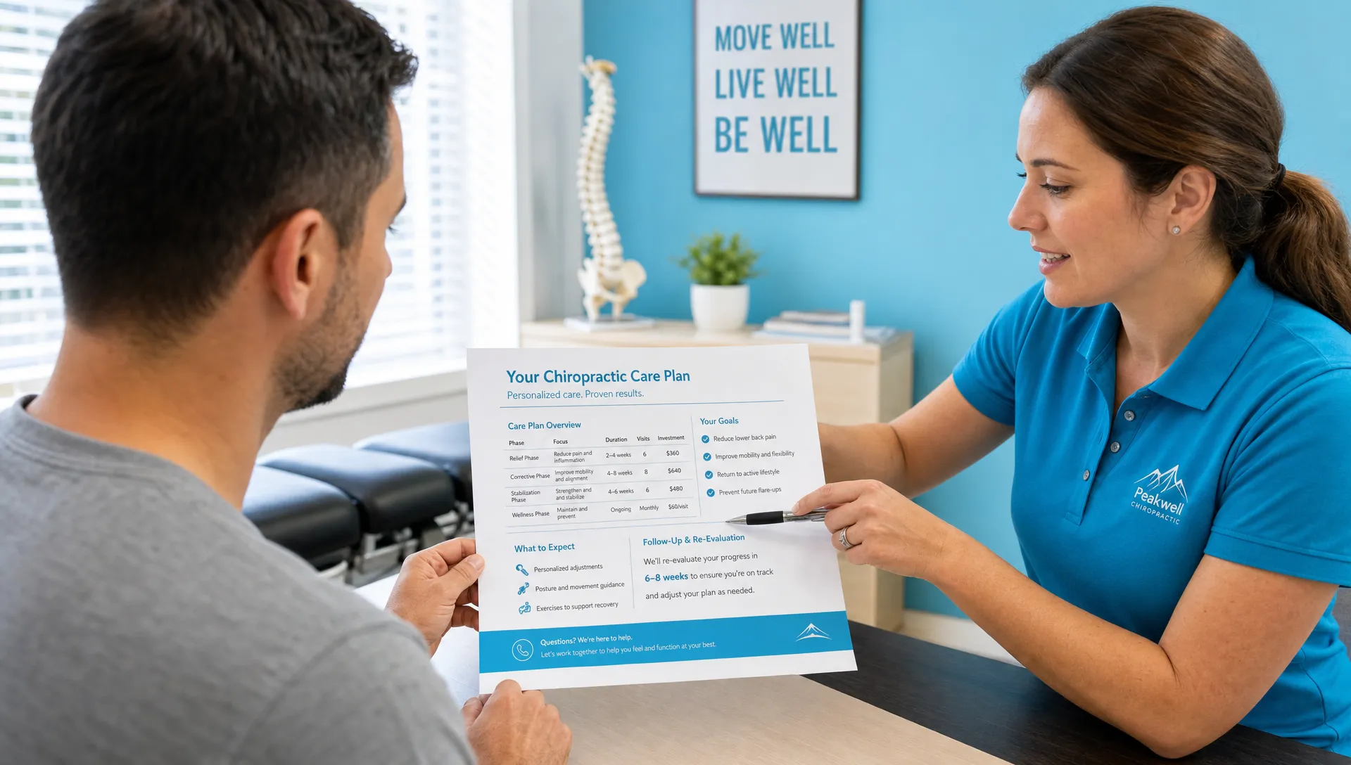 How Much Does a Chiropractor Cost in NYC on Average? 1 An adult patient and clinician review a printed chiropractic care plan with costs, goals, and follow-up timing on a desk in a bright clinic room.