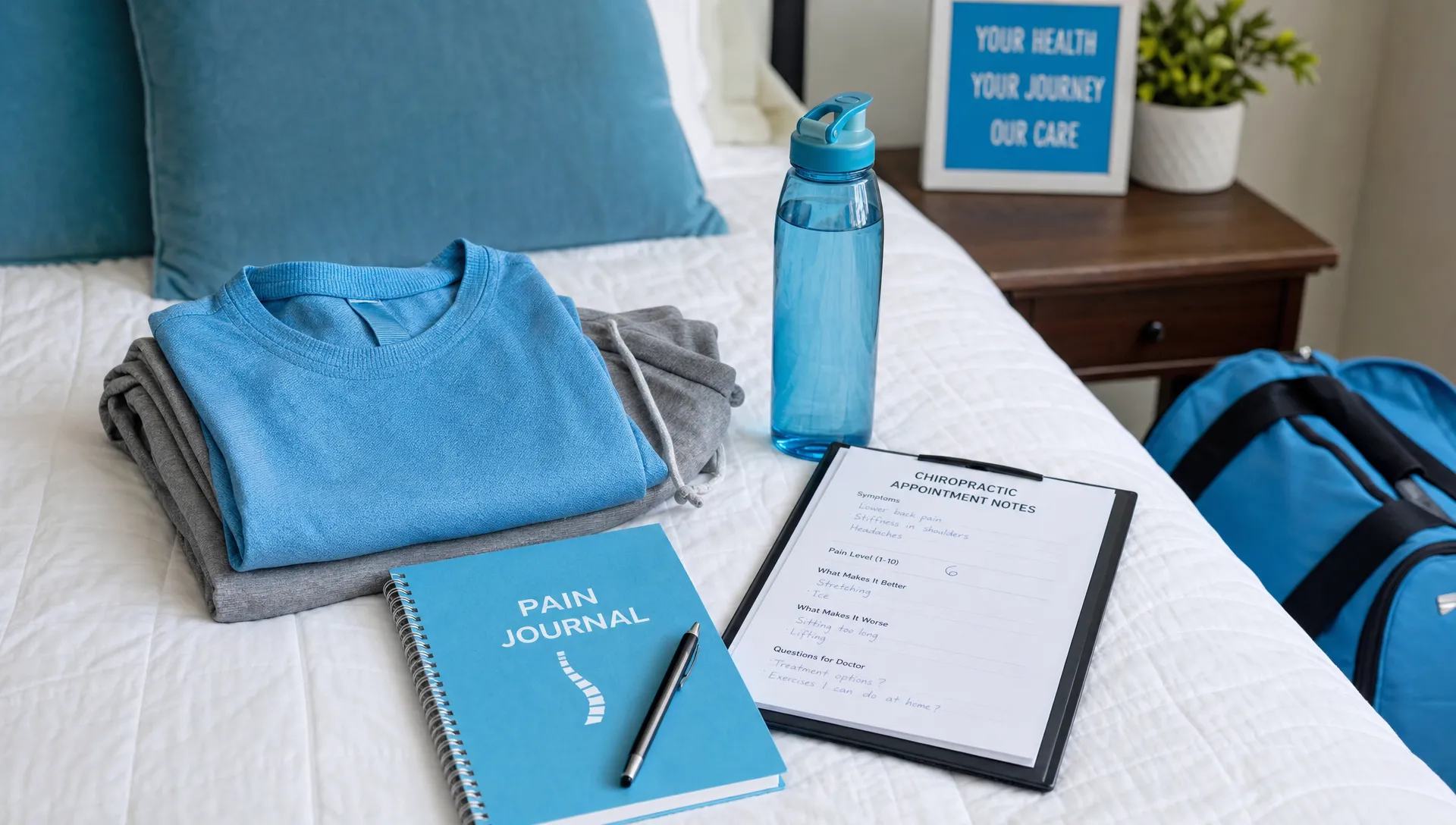 An adult patient lays out comfortable clothes, medical notes, a water bottle, and a pain journal before a chiropractic appointment.