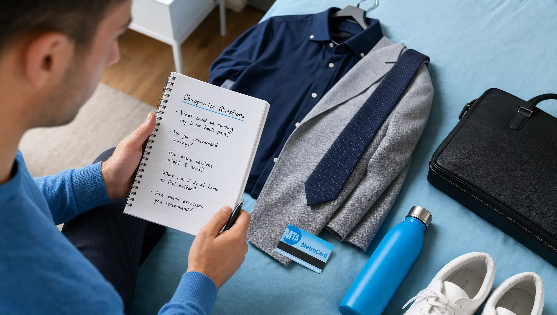 What to Ask Before Booking Broadway Chiro Care in NYC 1 An adult reviews chiropractor questions with a notebook, subway card, and work clothes laid out for a Manhattan appointment.